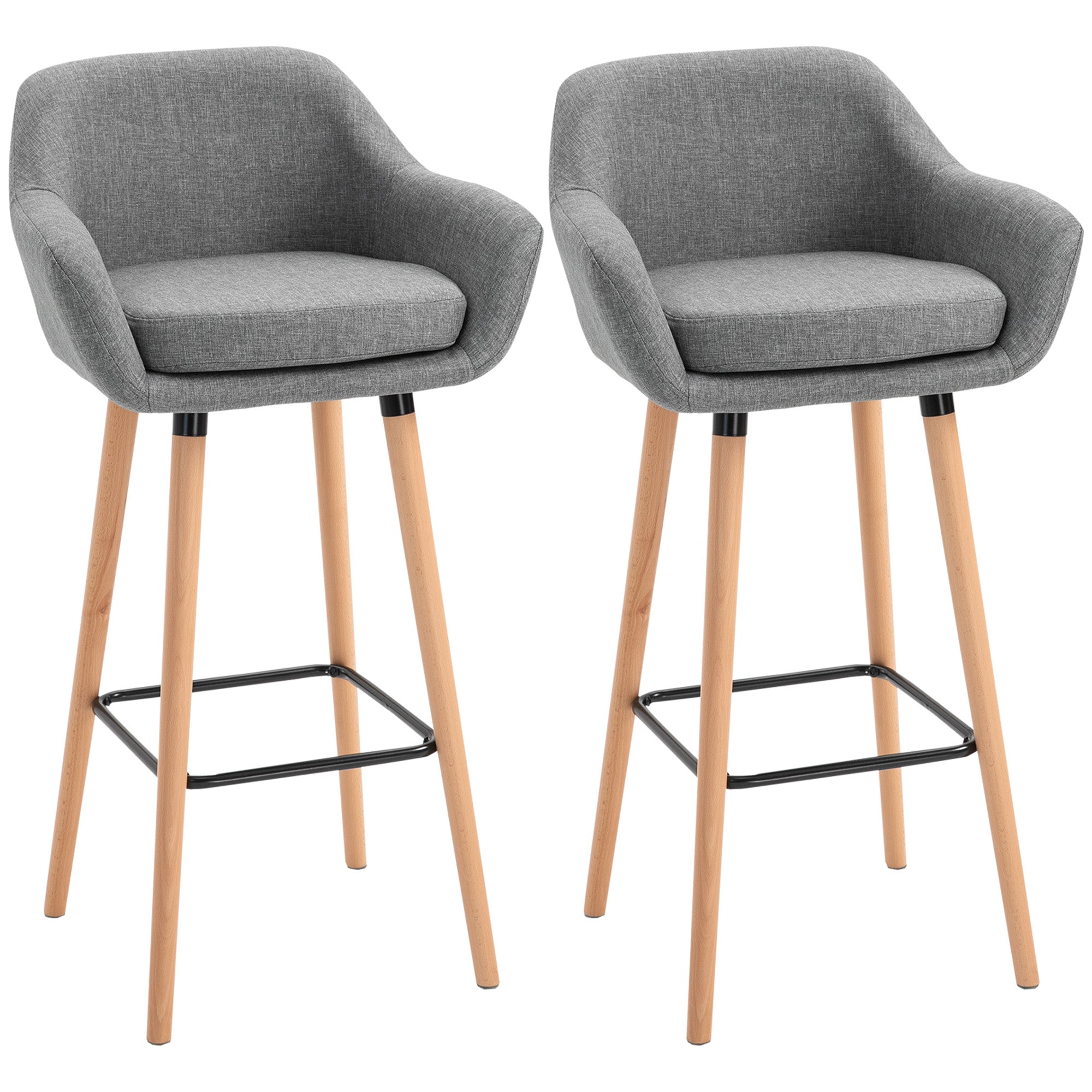 Set of 2 Bar Stools Modern Upholstered Seat Bar Chairs, Metal Frame, Solid Wood Legs, Grey Fabric