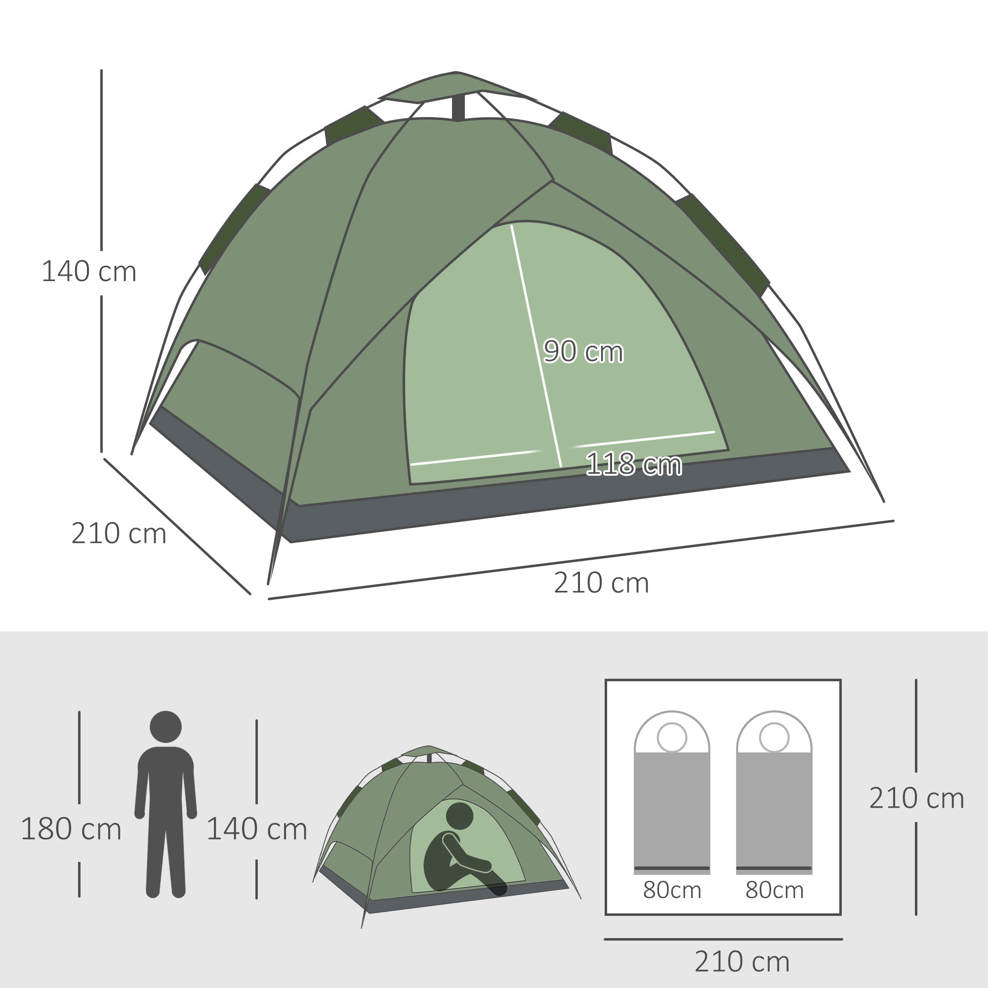 Double Camping Tent, Waterproof 4 Seasons 210x210x140cm, Outdoor Adventure