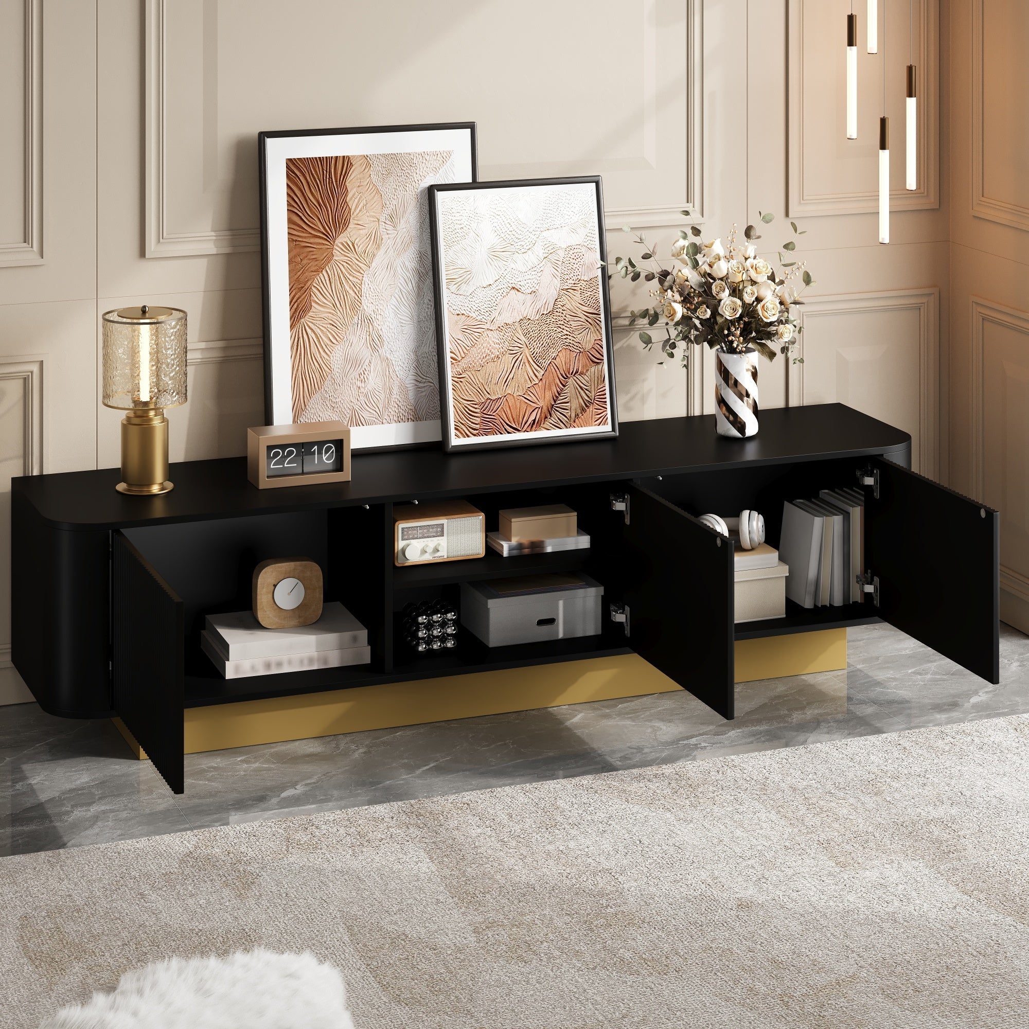 Modern TV Stand with Storage and Textured Front, Black