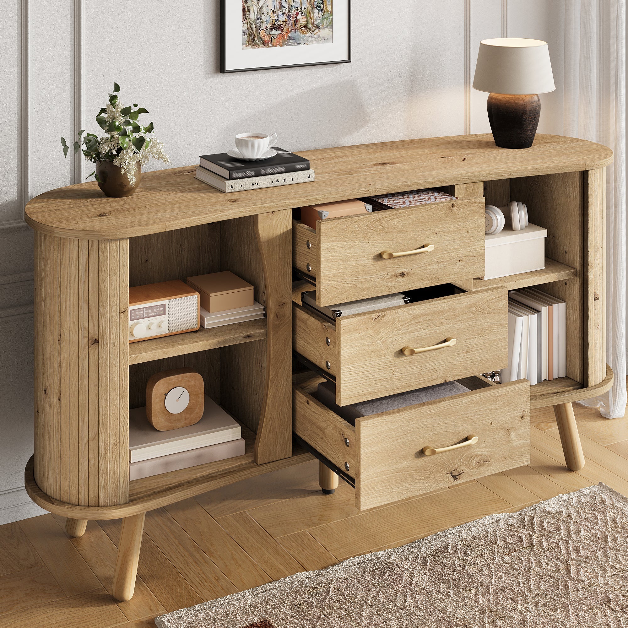Pea-Shaped Sideboard with 2 Sliding Doors and 3 Drawers, Scandinavian Style with Solid Wood Legs, Wood Look MDF