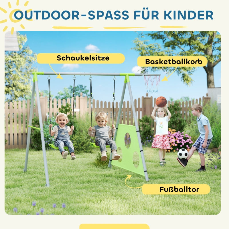 AIYAPLAY 3 in 1 Swing Set, Outdoor with 2 Swings, Basketball Hoop, Soccer Goal, Metal Frame