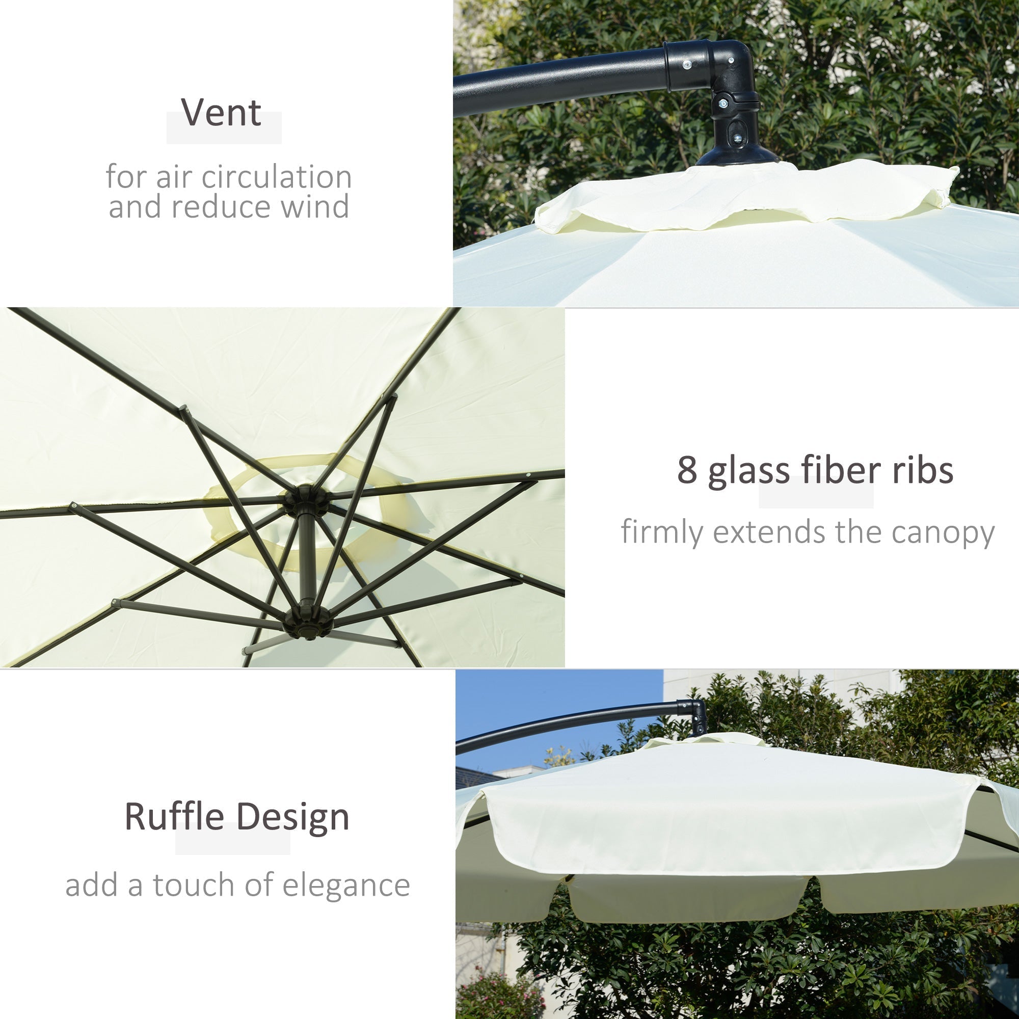 Banana Parasol Cantilever Umbrella 2.7m Crank Handle Cross Base, Cream White