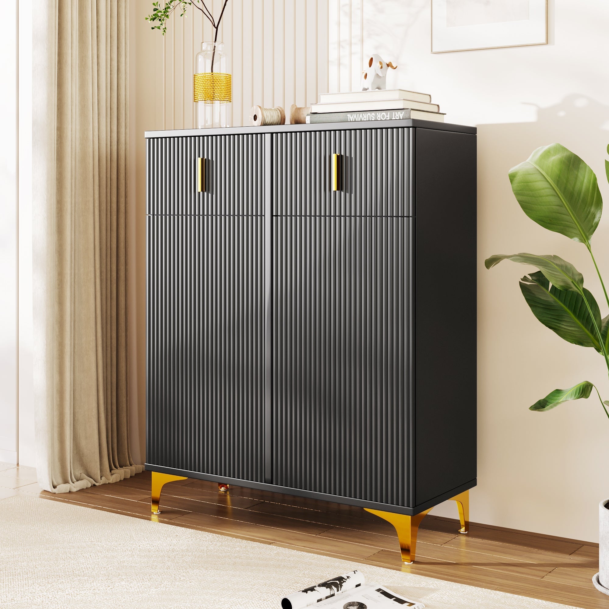 Sideboard/Shoe Cabinet with Adjustable Shelves, Drawers, Gilded Decorations, Black