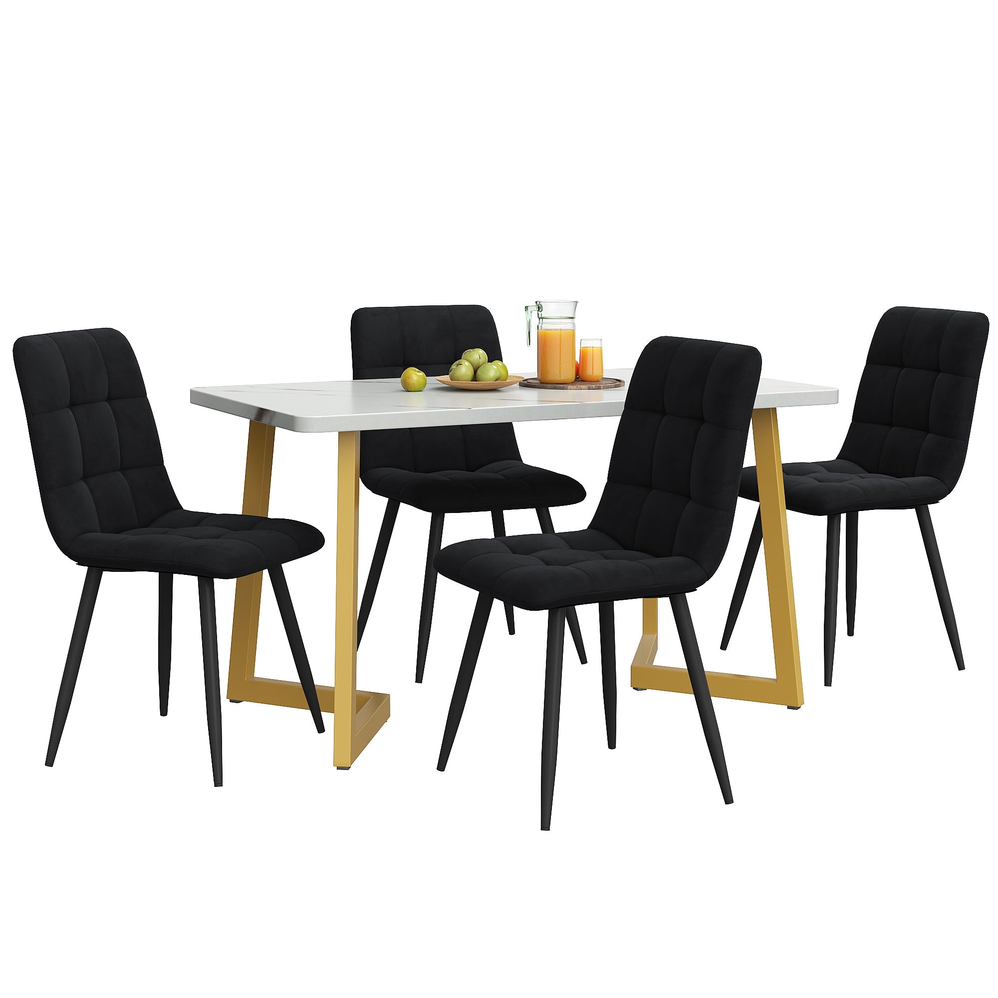 Dining Set 5-Piece 117cm Rectangular Table Black Velvet Gold Legs