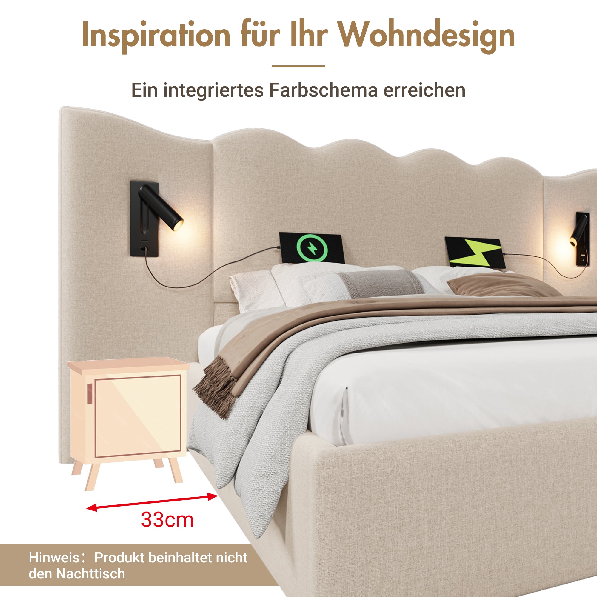 Upholstered Double Bed 160×200, Reading Lamp & USB-C, Storage, Solid Wood & Metal, Beige Linen