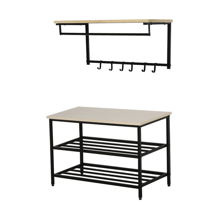 Hallway Wardrobe Set, 2-in-1, Bench & Coat Rack, 6 Hooks, Natural + Black