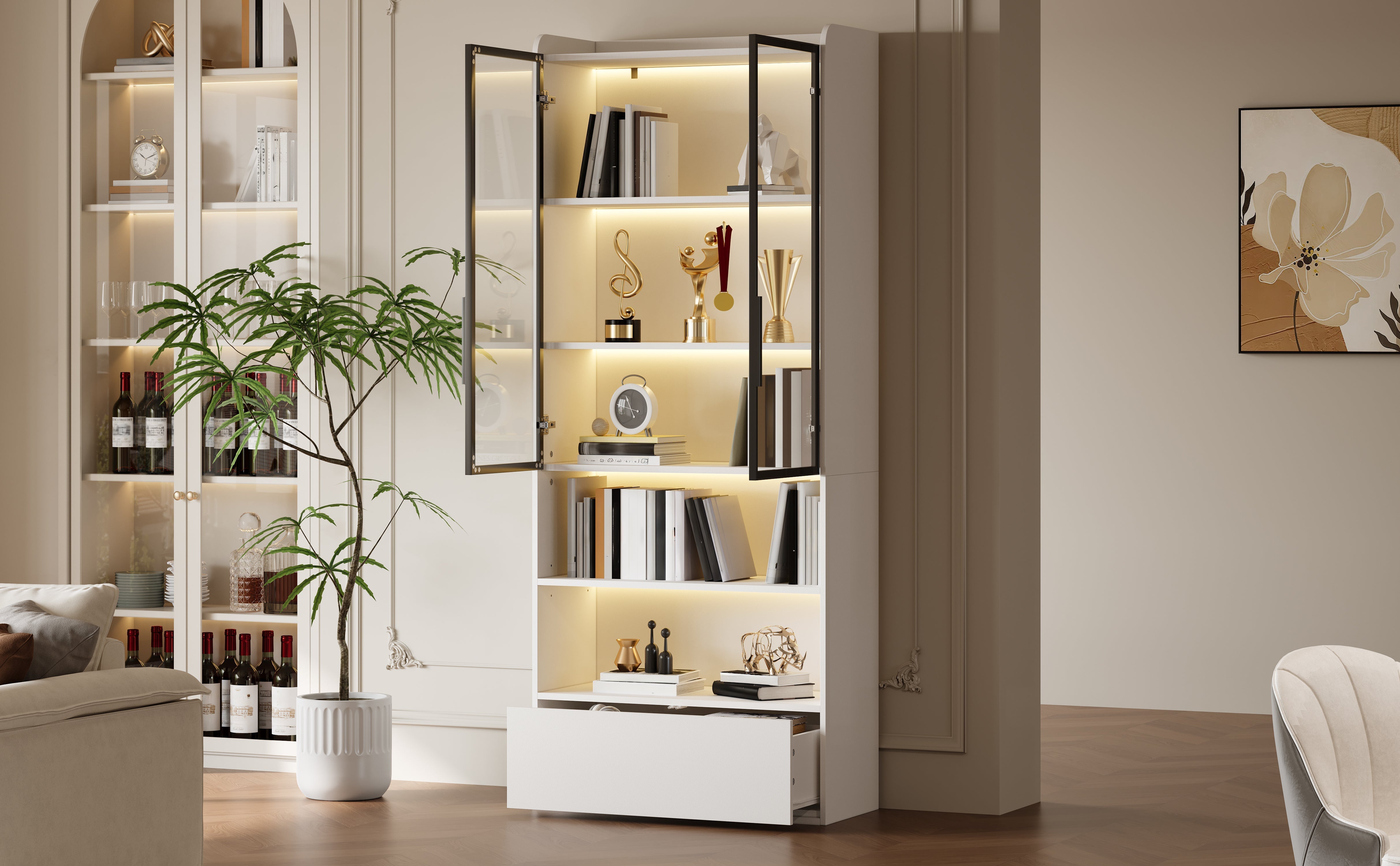 Display Cabinet 80x34x180cm Tall with 1 Drawer Glass Doors LED Lighting White
