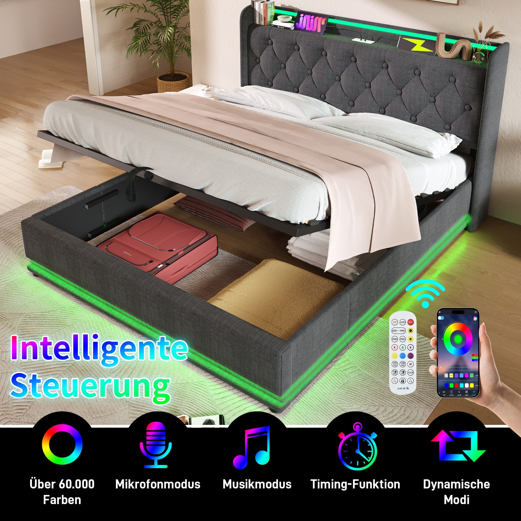 Upholstered Bed with LED, Hydraulic Storage and USB Type-C, 180x200cm, Grey