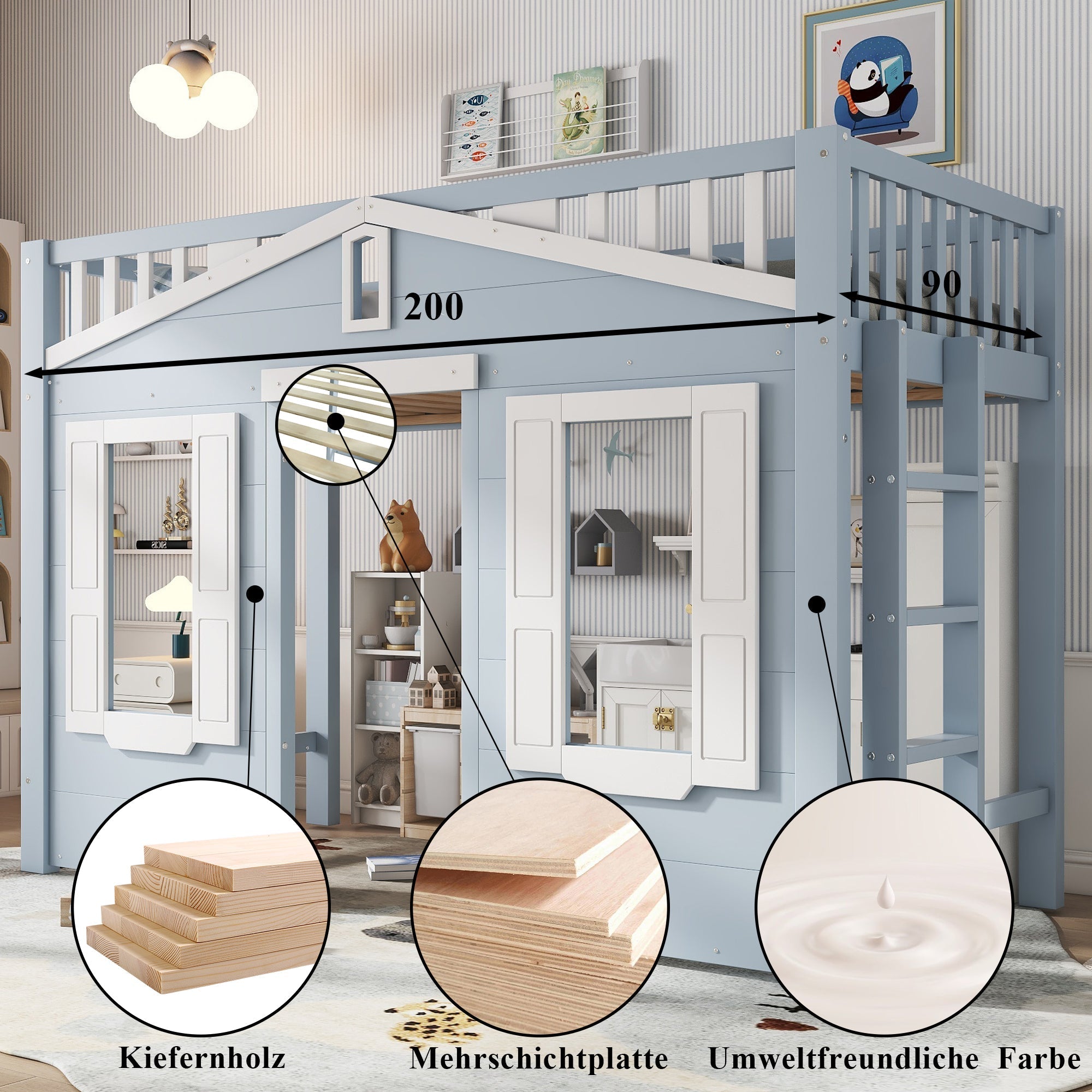 Loft Bed, Flexible Design with Window & Ladder, Pine + MDF + Plywood, Blue