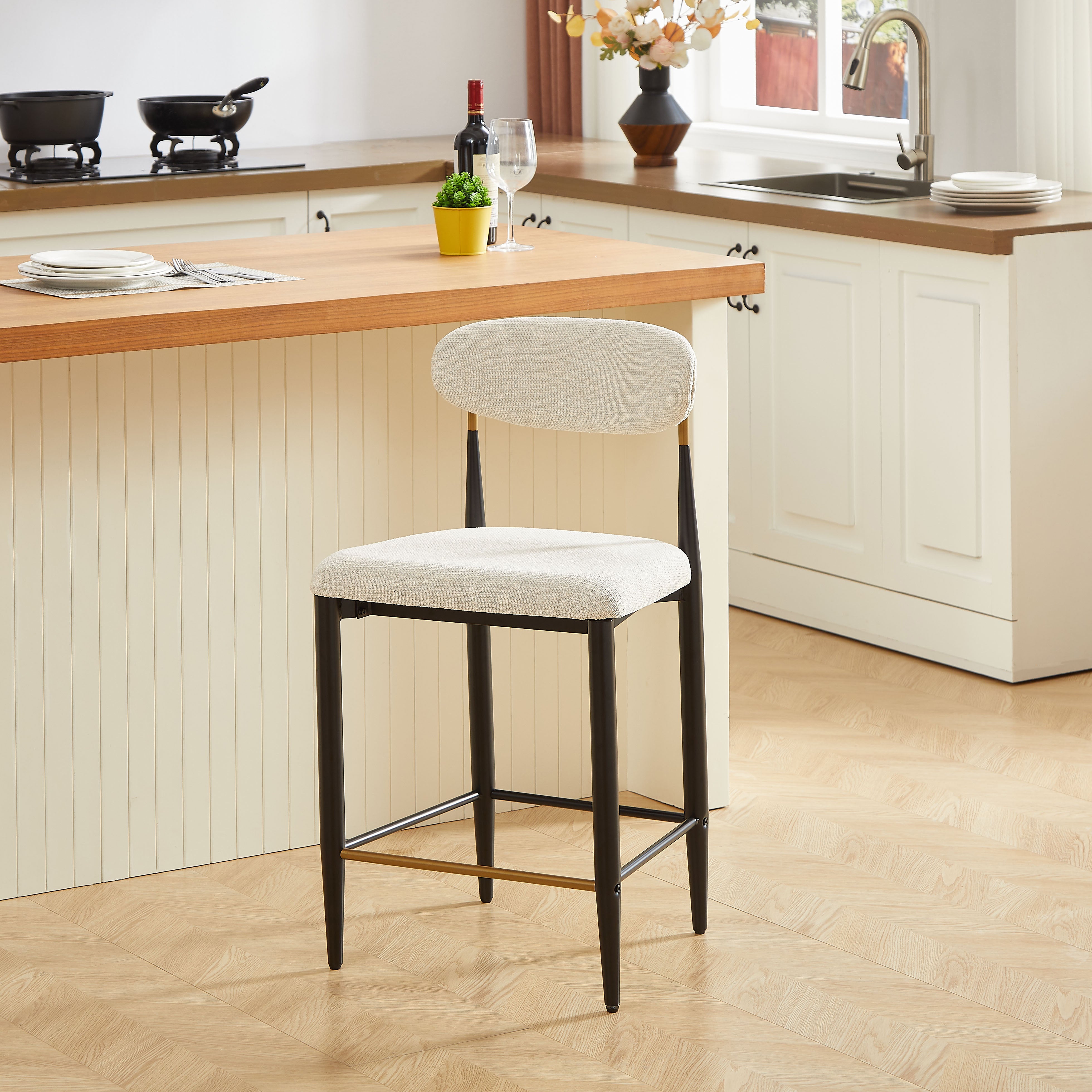 2-Pack Counter Height Bar Stools French Country Upholstered Curved Back - Black/Coffee Frame Cream Fabric