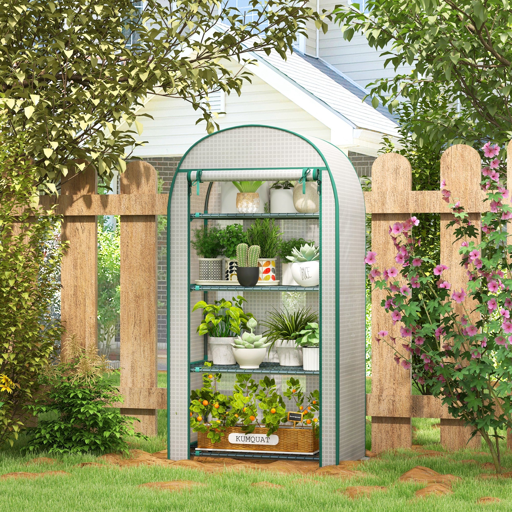 4 Tier Mini Greenhouse, Portable with Storage Shelf and Roll-Up Zipped Door, White