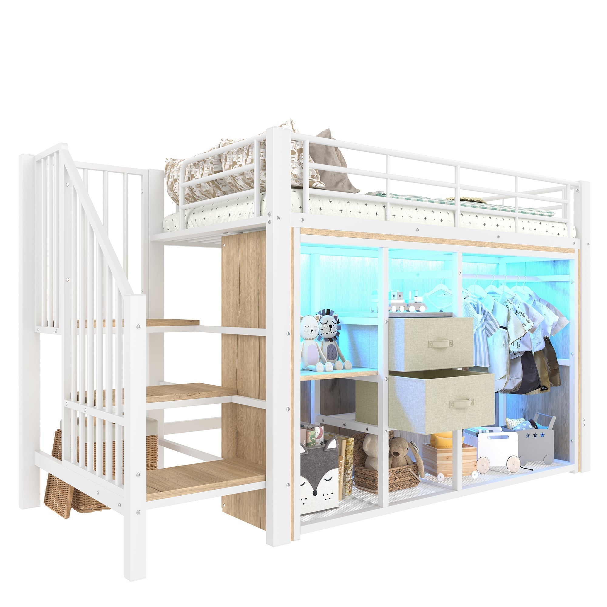 Mid-Height Bed 90x200cm 2 Drawers Open Wardrobe LED Storage - White