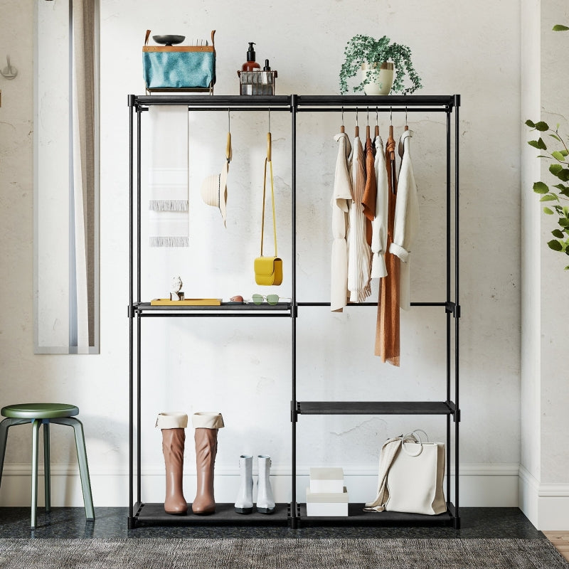 Portable Clothes Rack Metal Frame Storage Shelves - Black