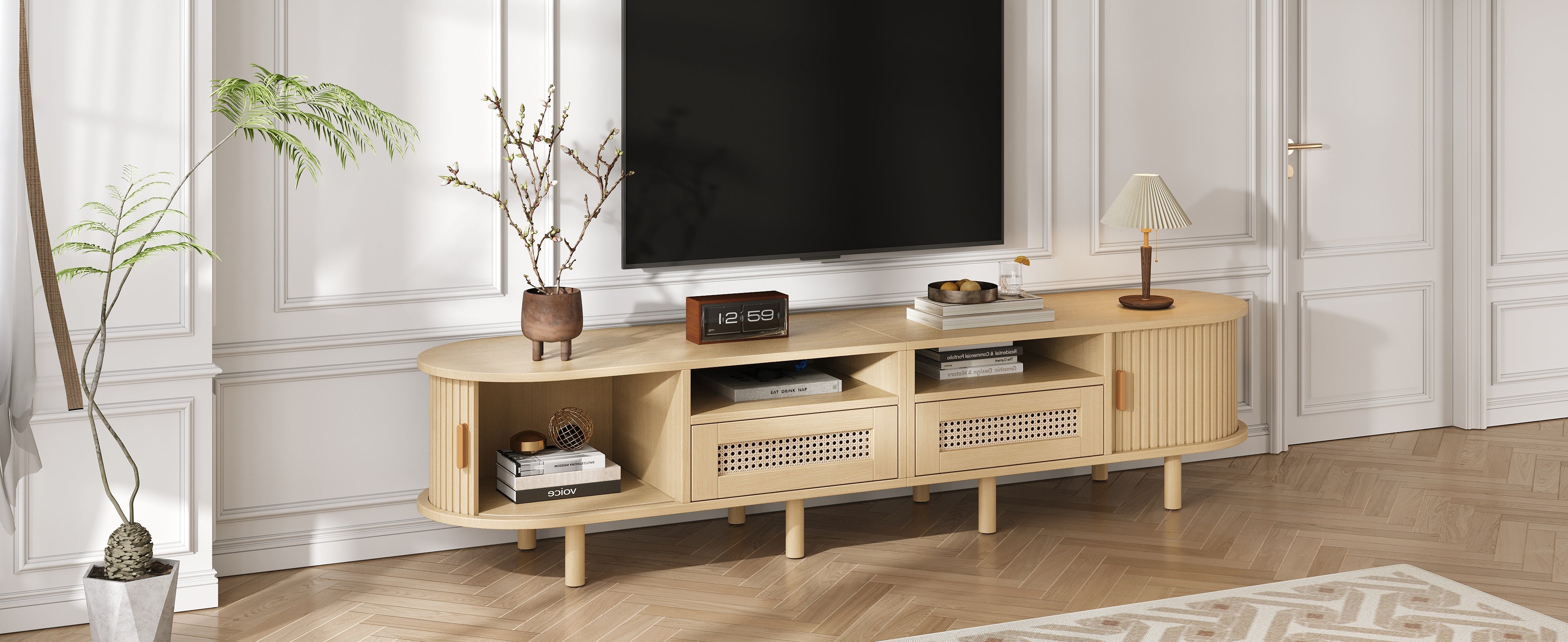 Oval TV Stand for 70 Inches, 2 Rattan Drawers, 2 Sliding Doors, Wood Color