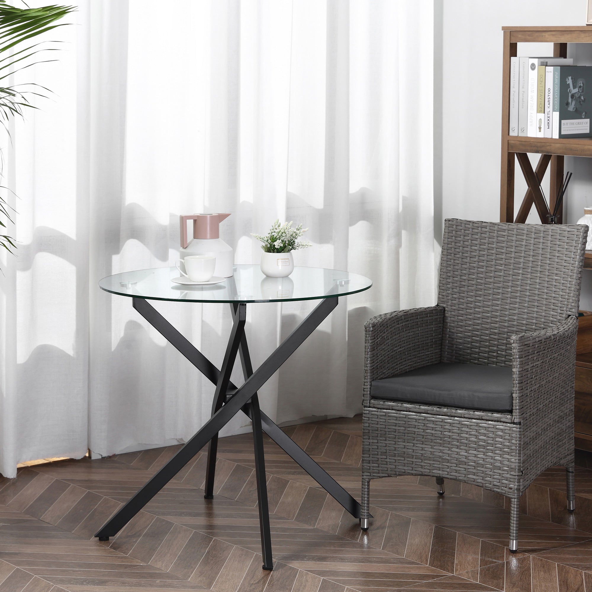 Couchtisch, runder Glas-Beistelltisch mit Sicherheitsglas, schwarzer Metallrahmen