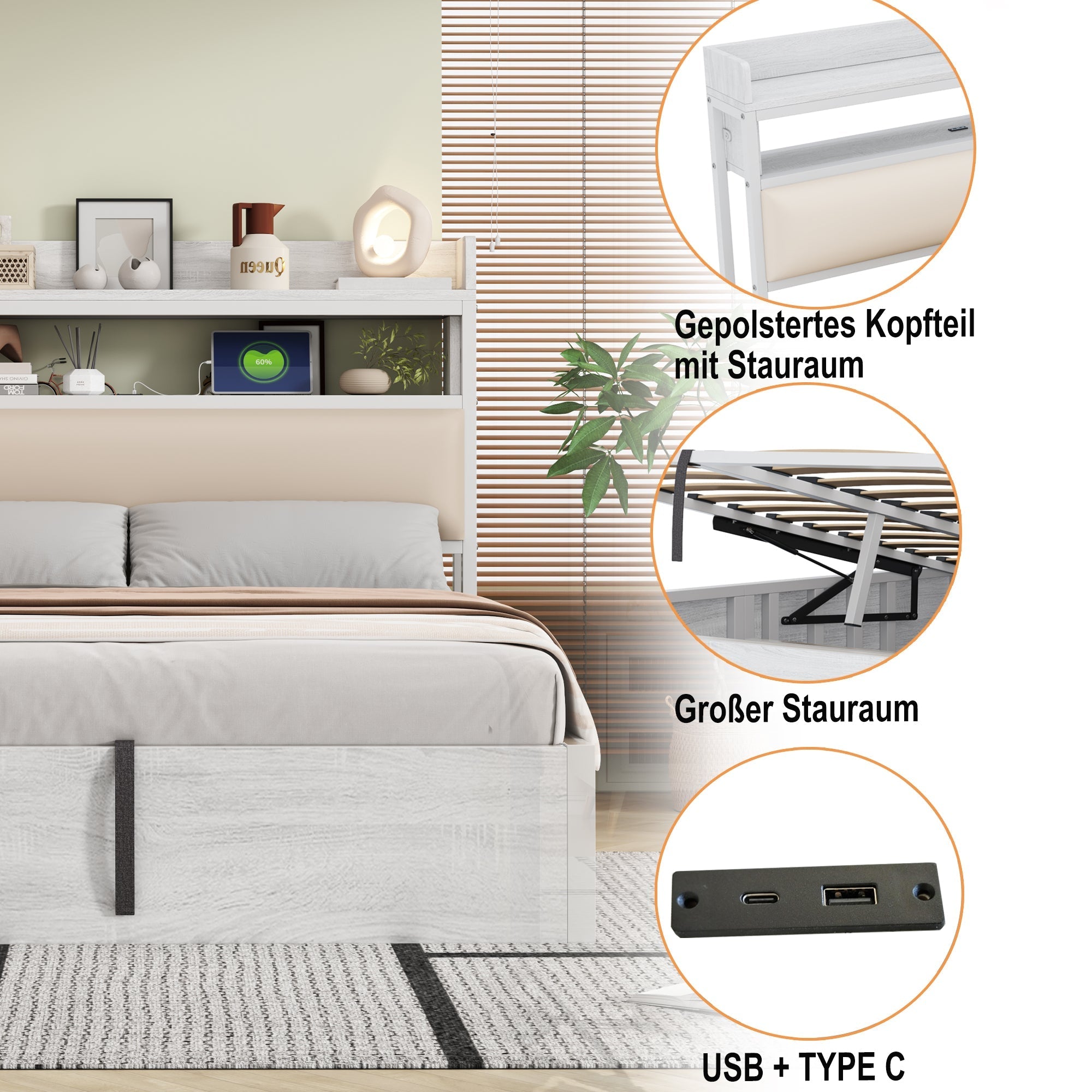 Bed Frame 140x200, Hydraulic Lift, USB, Upholstered Headboard, Wood & Metal, White