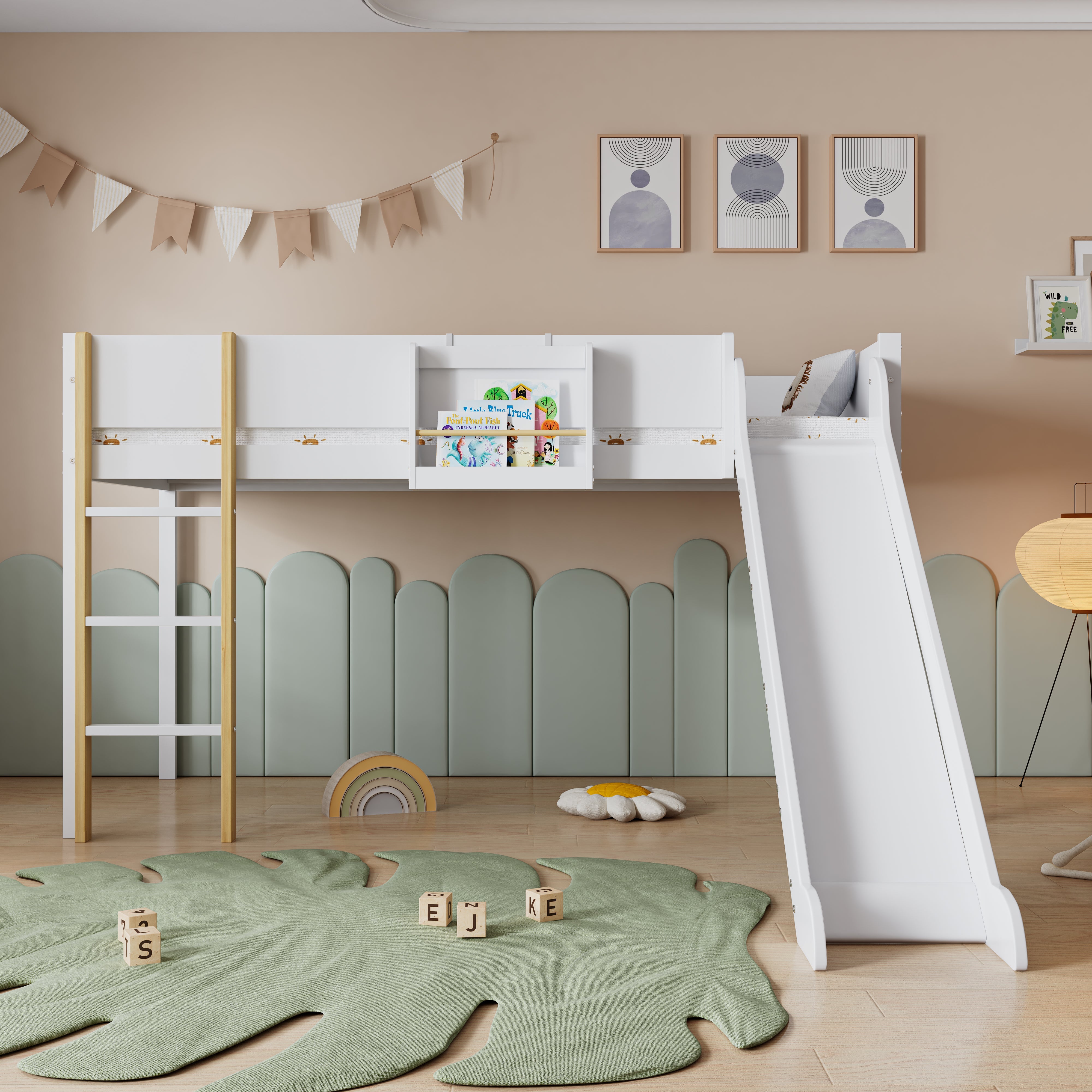 Loft Bed, Bunk with Slide & Removable Shelf, Pine+MDF White+Natural