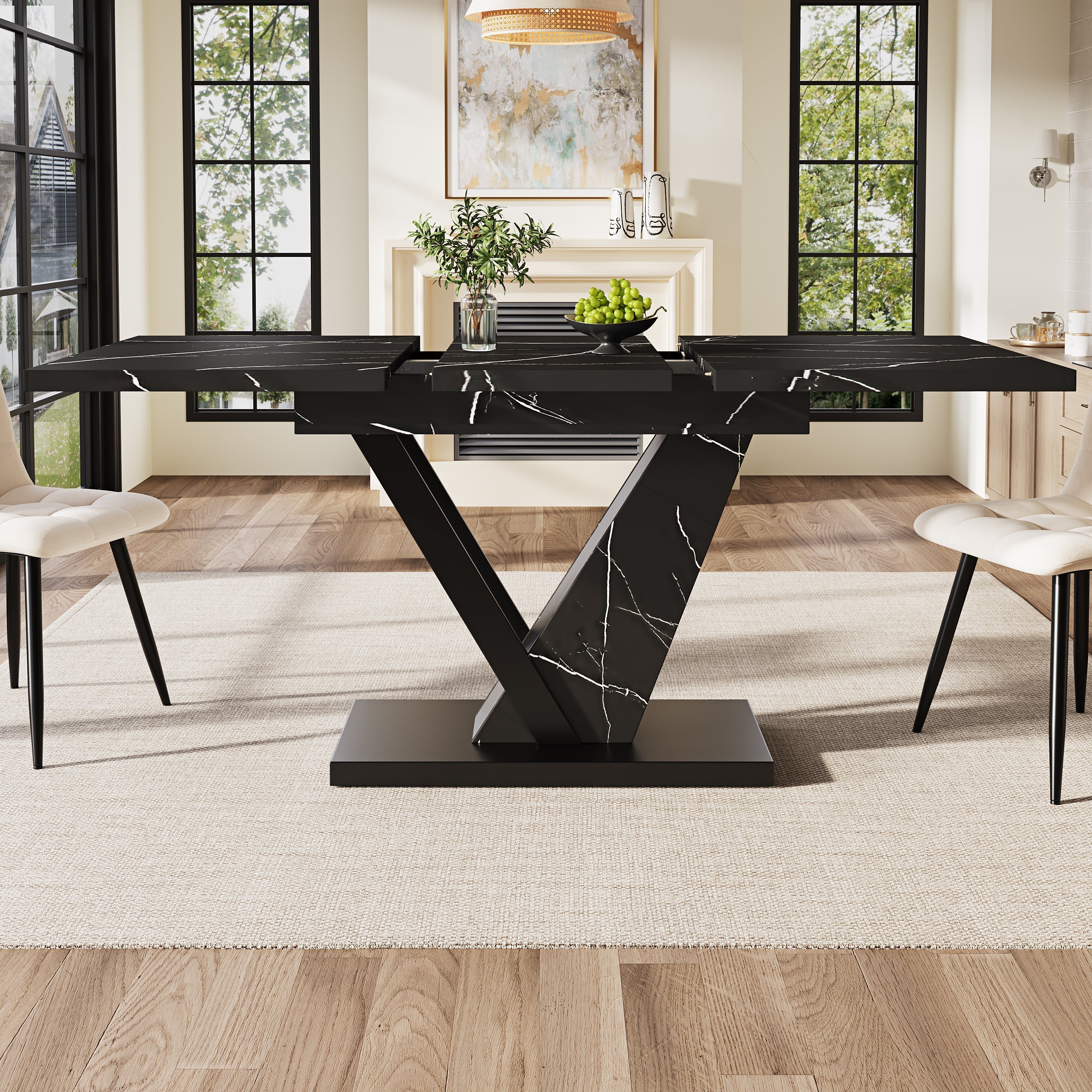 Telescopic Dining Table Extendable 120-160cm Marble Pattern - Black