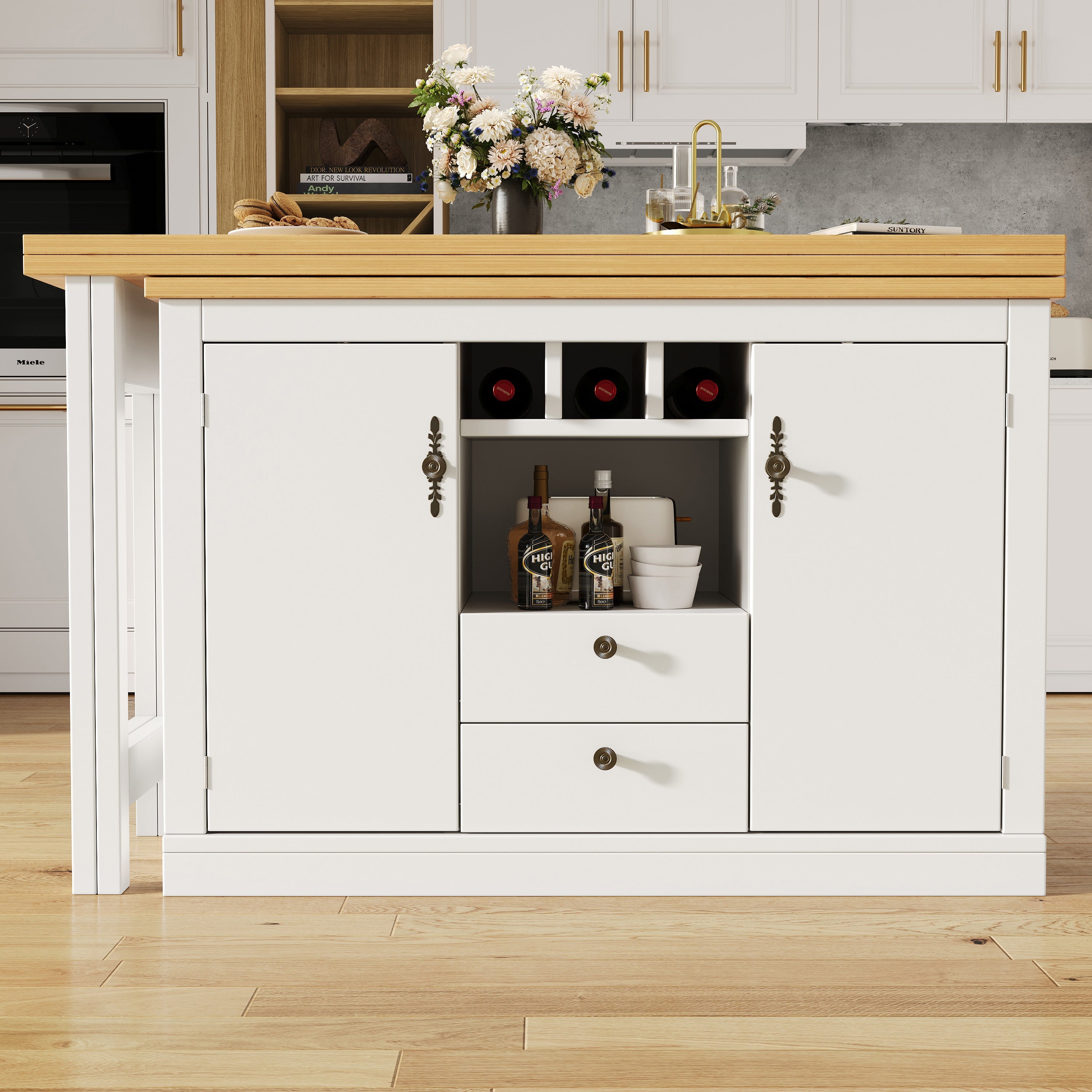 Extendable Bar Table with 360 Swivel and Storage, 120-180cm, White and Black