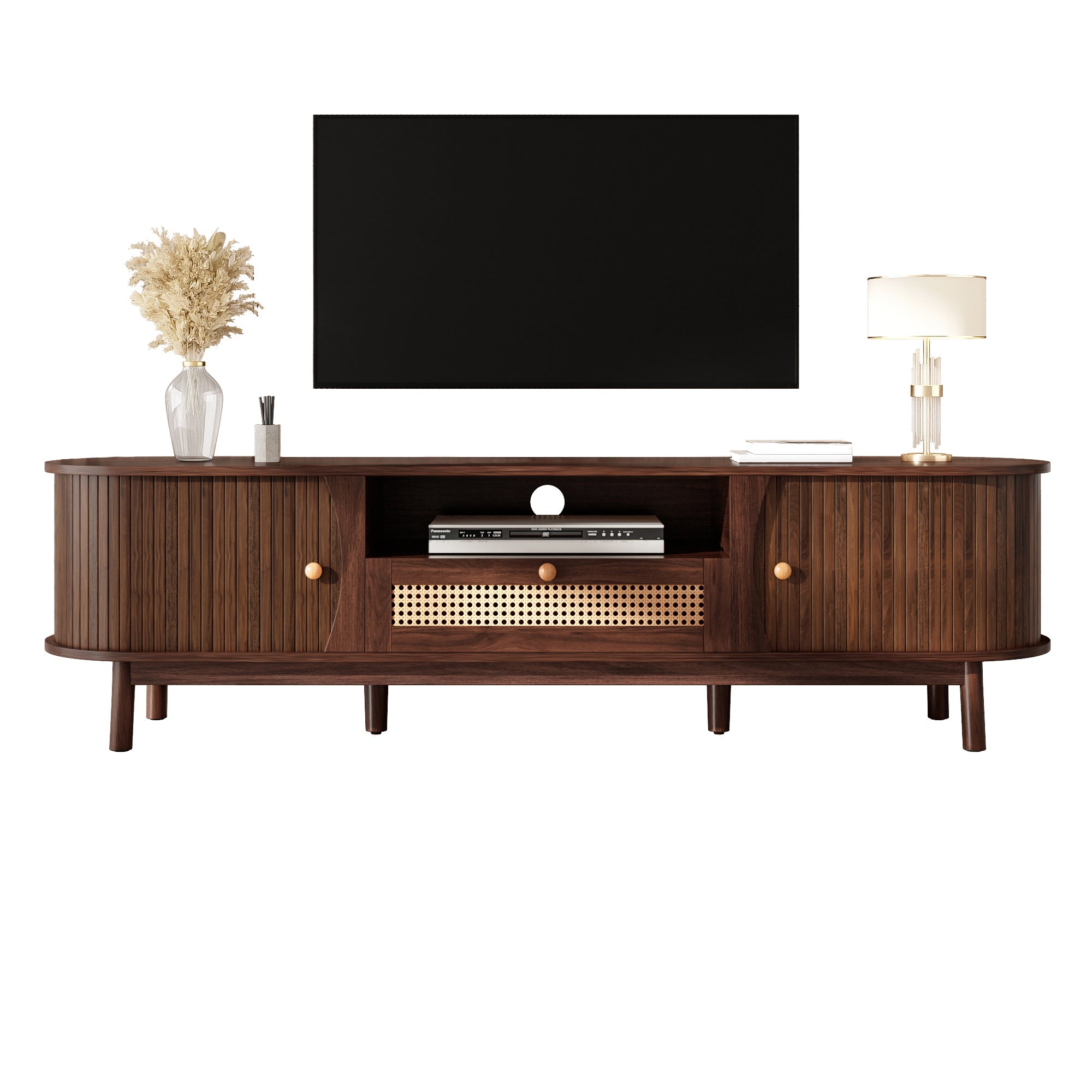 TV Cabinet with Doors and Drawers, Low Storage Solution, Rattan/Solid Wood