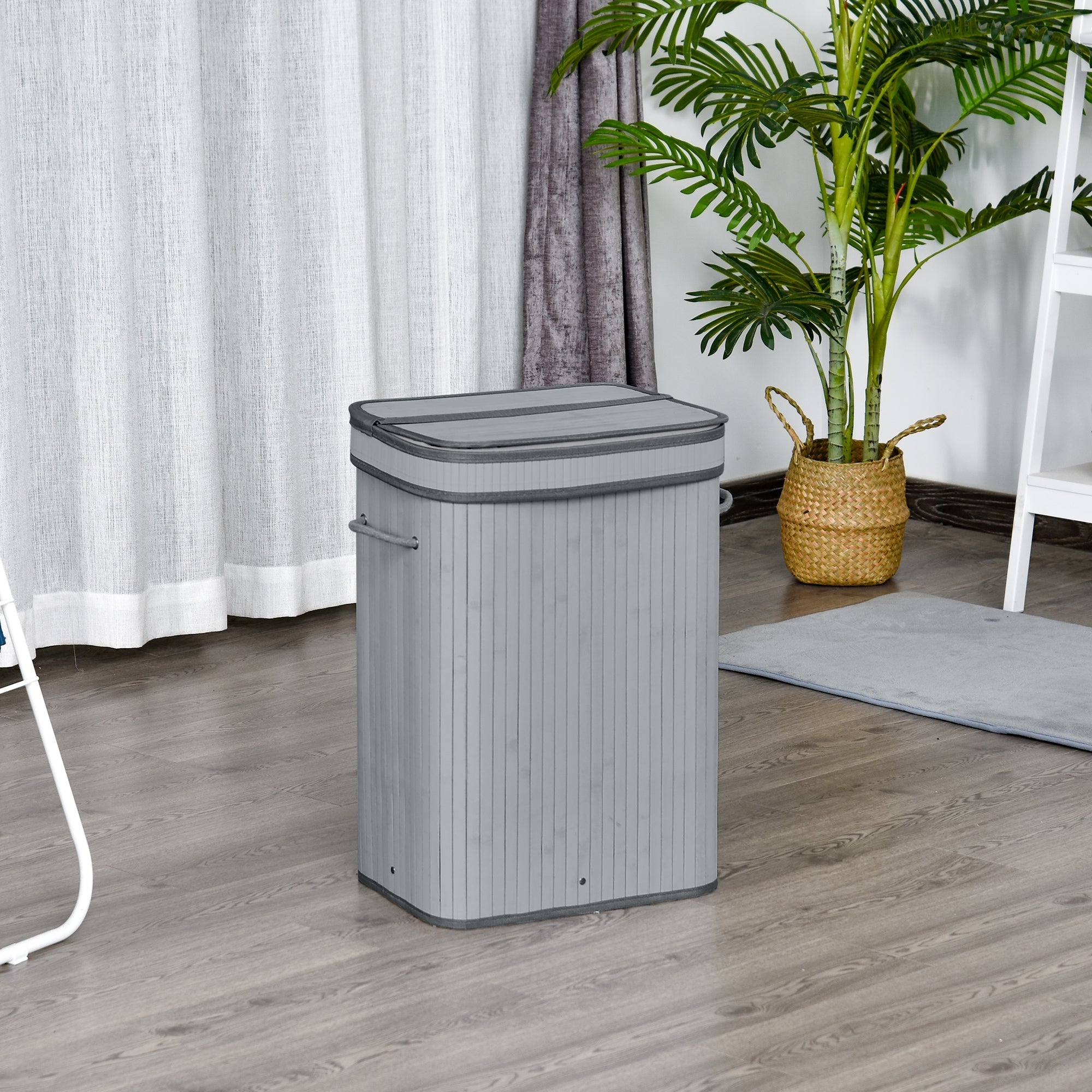 Bamboo Laundry Basket, 70L, Narrow with Lid, Gray