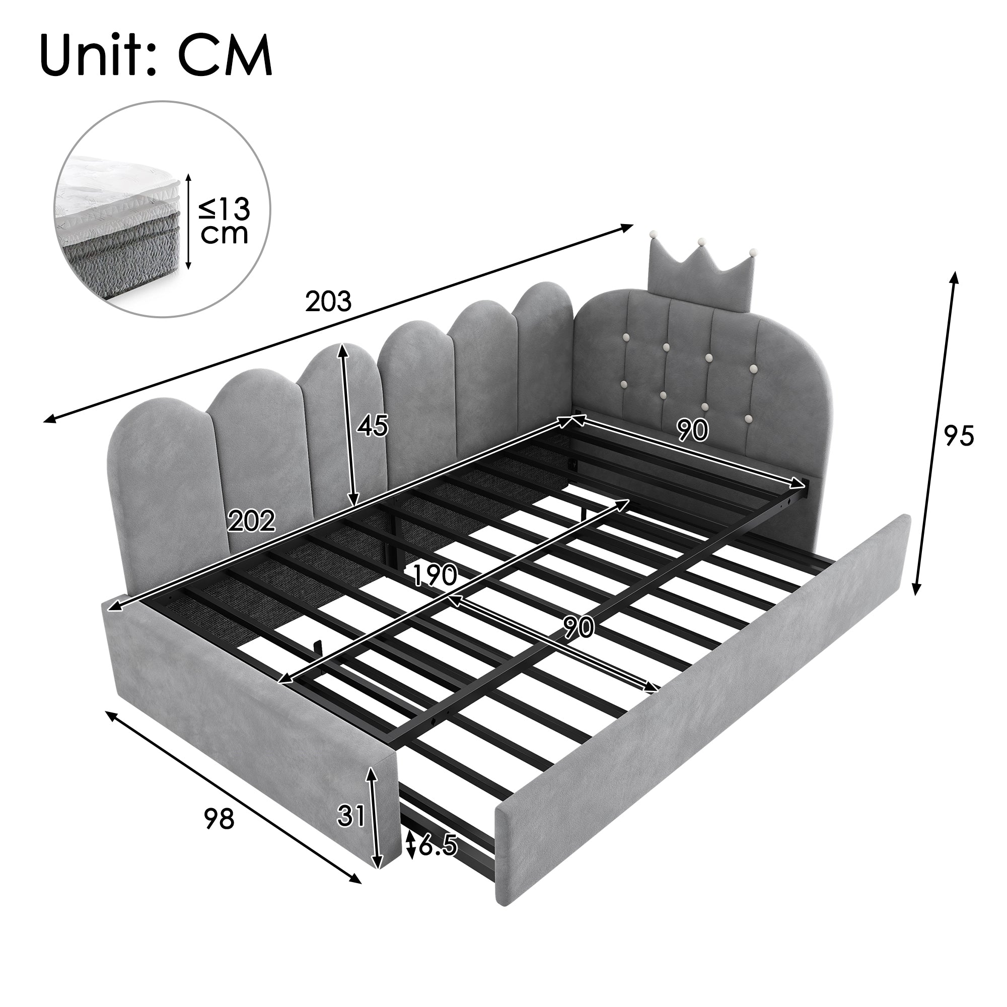 L-Shape Sofa Bed with Pull-Out Guest Bed and Crown Lattice Design, 90x200cm, Grey Velvet
