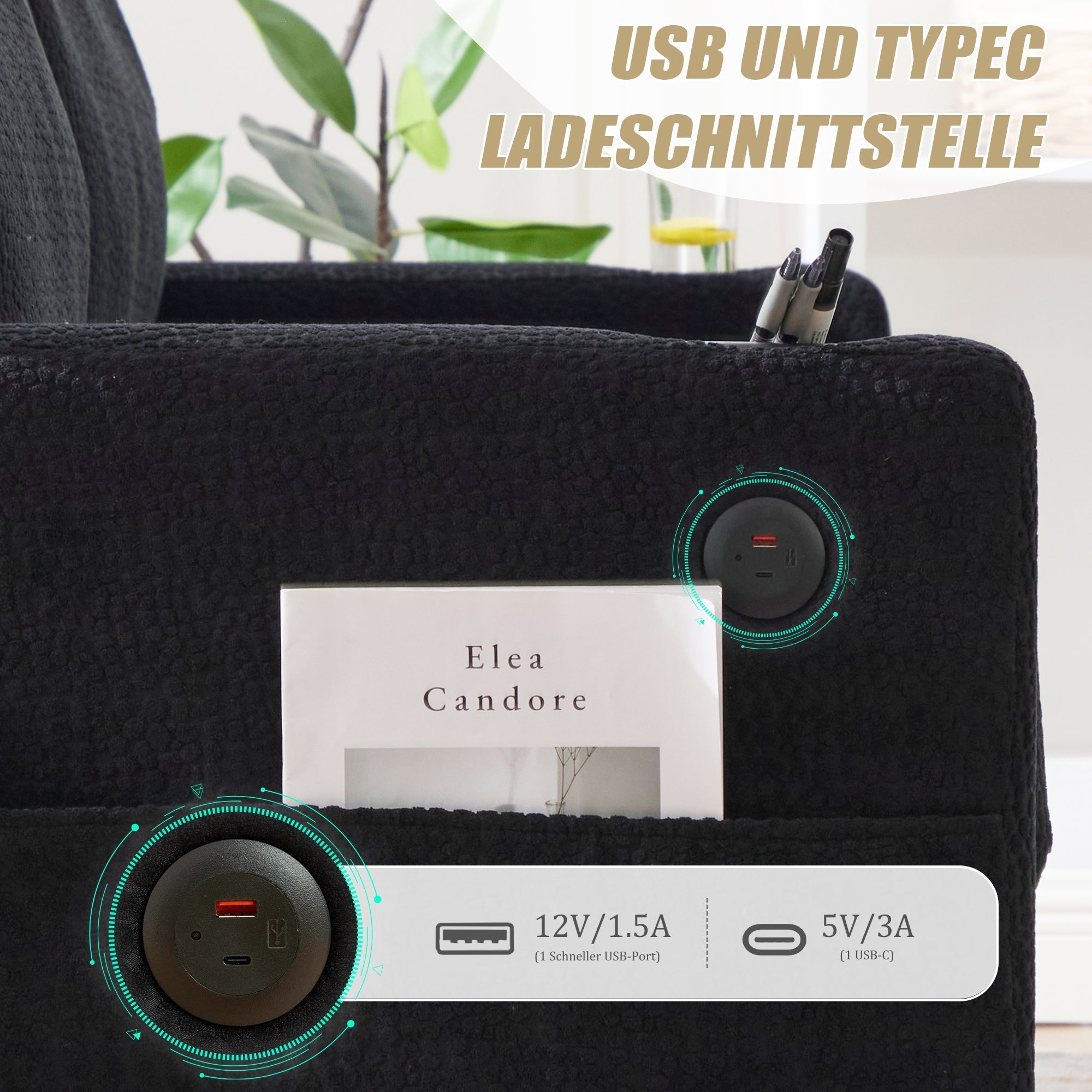 Modern 2-Seater Sofa USB-C LED Cup Holders Side Pockets - Black Chenille