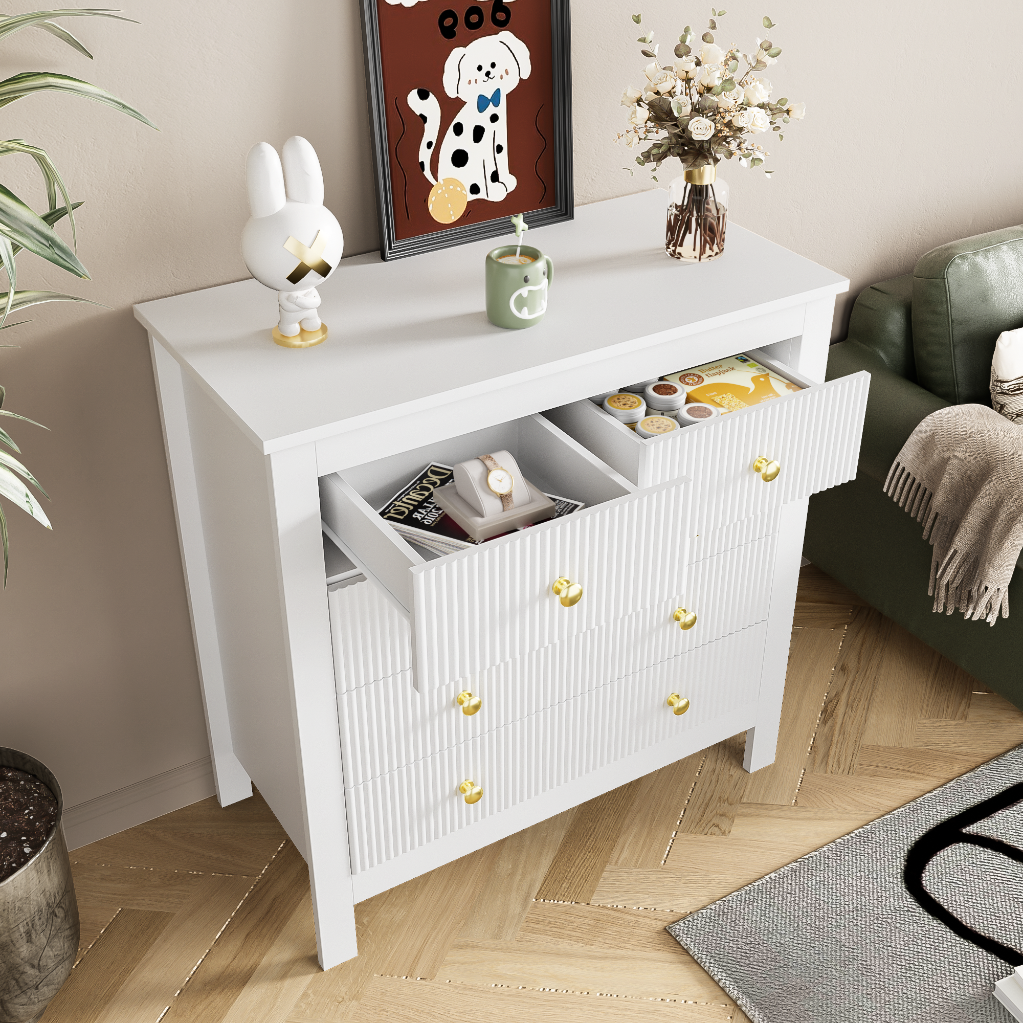 Sideboard, chest of drawers with special doors, gold handles