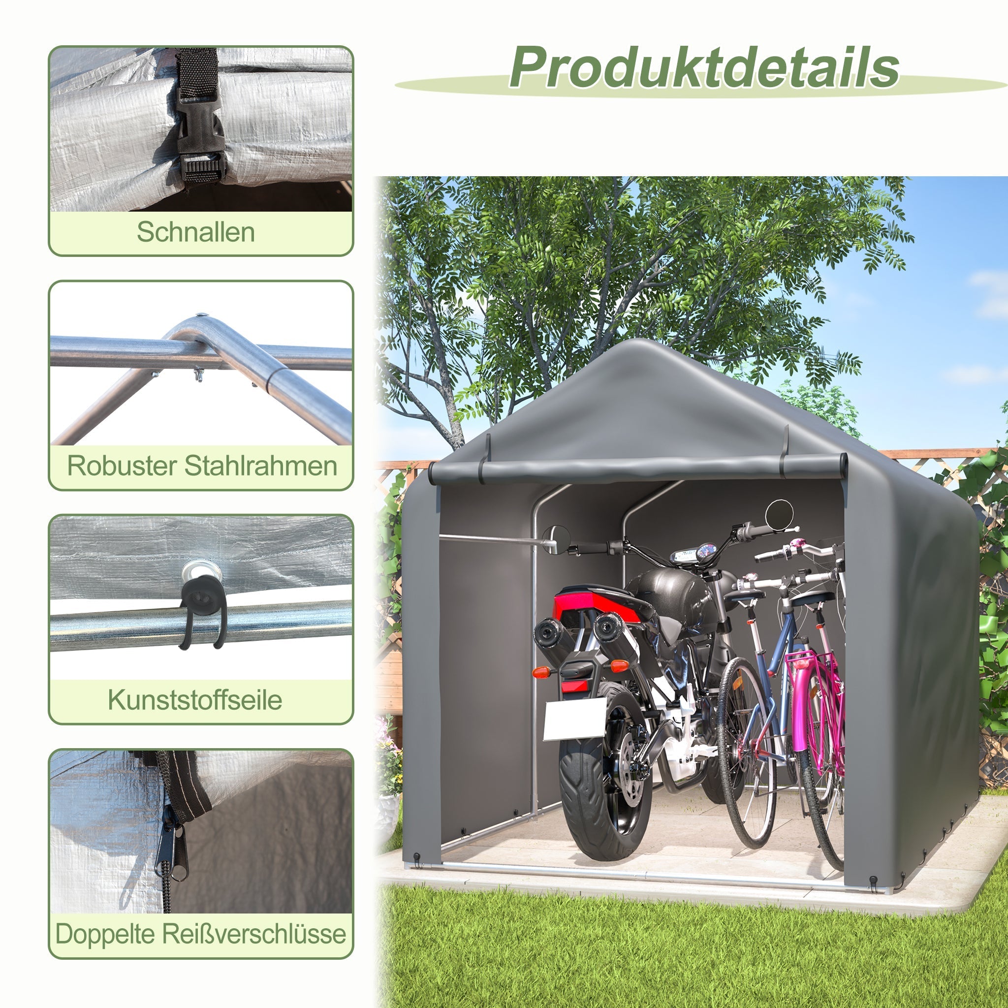 Bicycle Garage / Tool Shed 160x220x165 cm with Roller Shutter, Waterproof PE, Grey