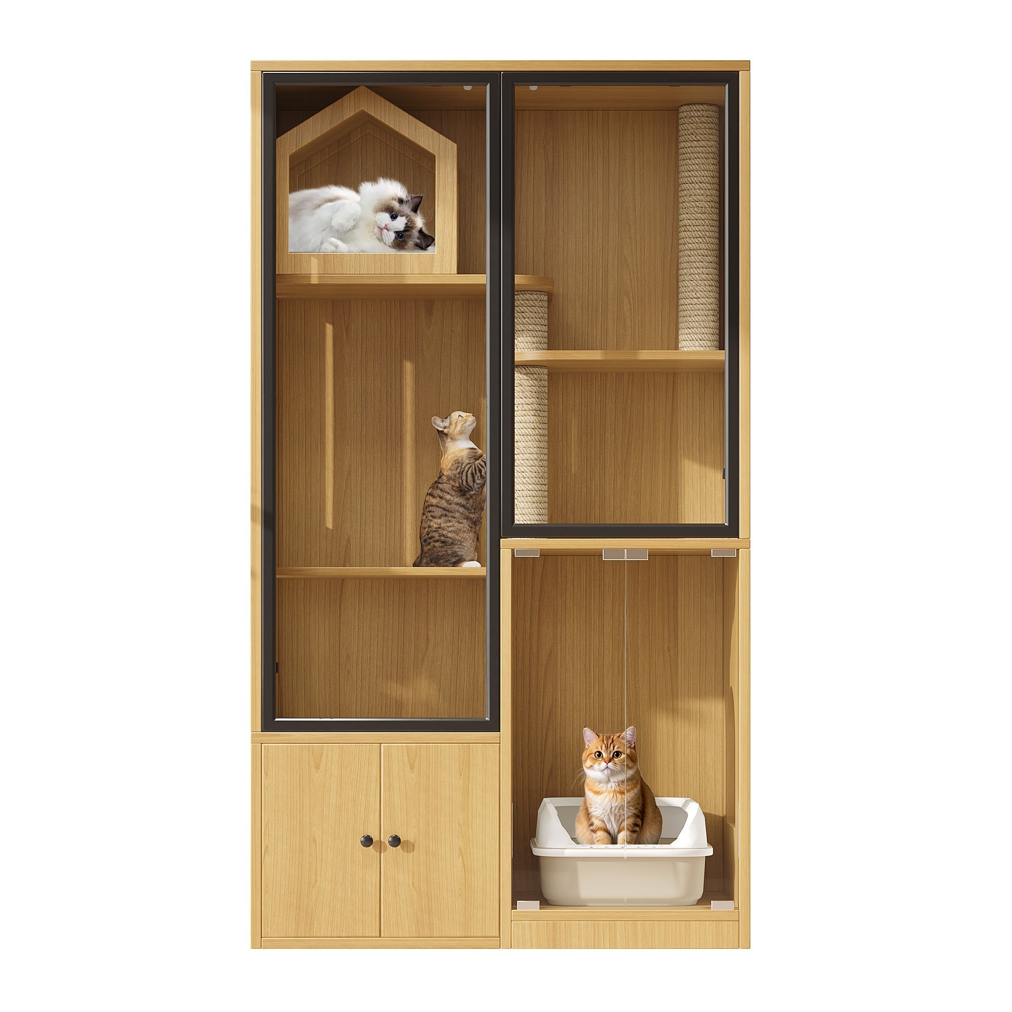 Cat House 4-Story Glass 90x50x160cm with Scratching Post - Yellow Maple Wood