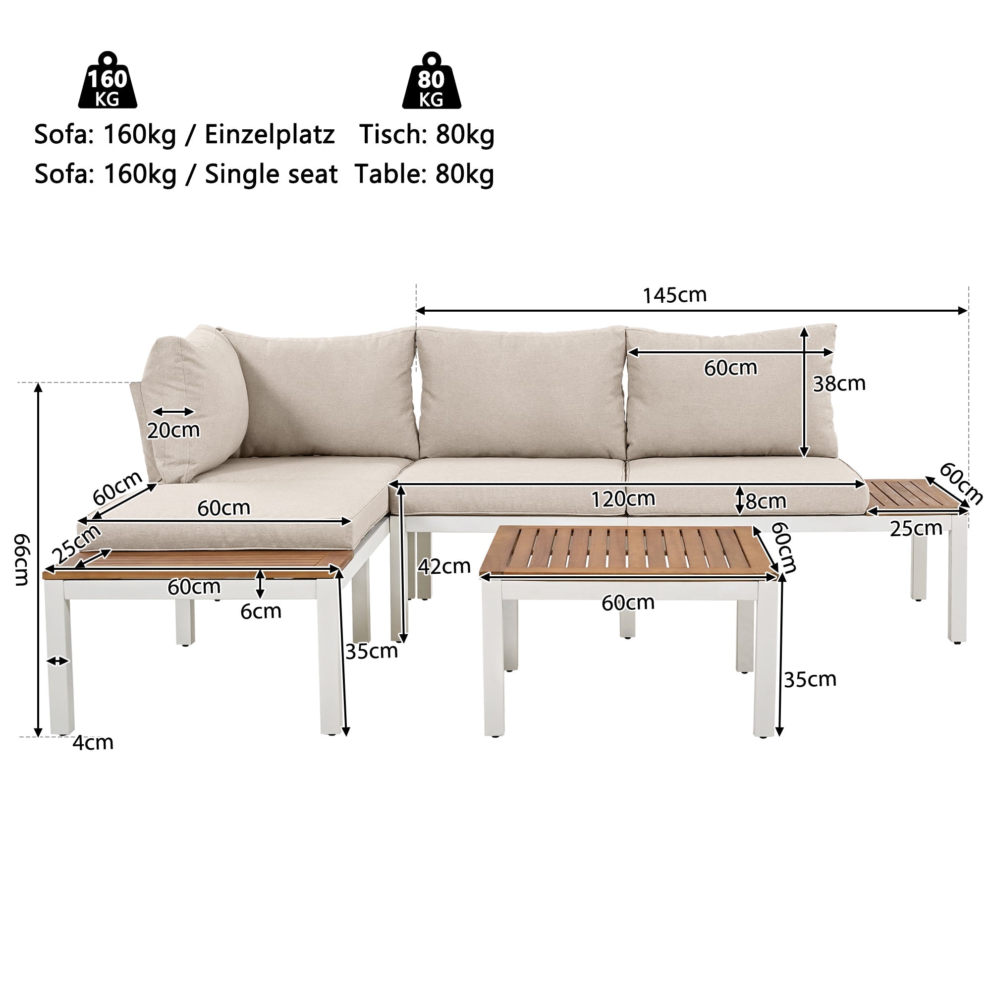 Outdoor Patio Garden Lounge Set for 4, Space Saving L-Shaped Corner Sofa with Wooden Table, Beige