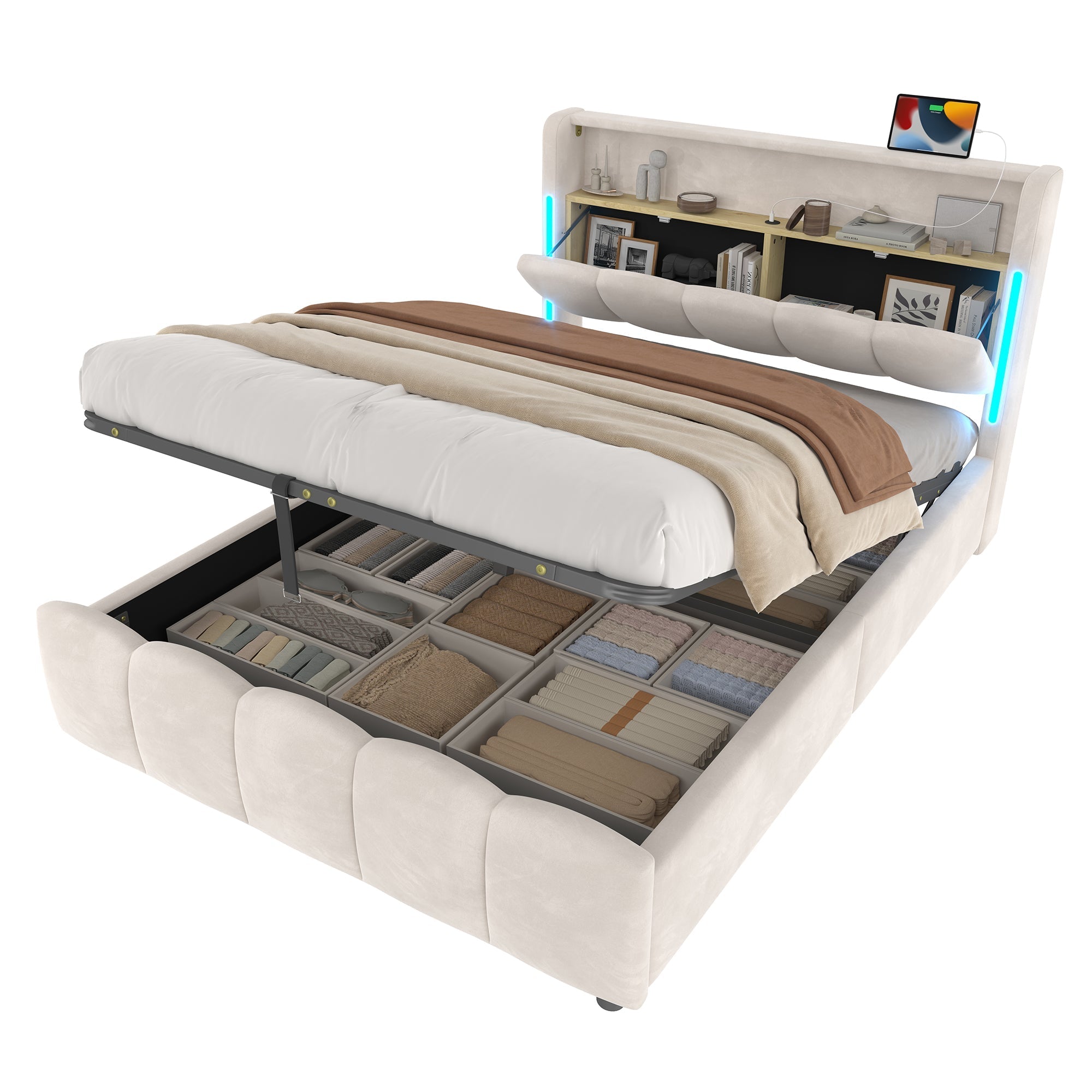 Upholstered Bed 140x200cm Hydraulic Storage LED Headboard USB/Type-C Ports - Beige Velvet