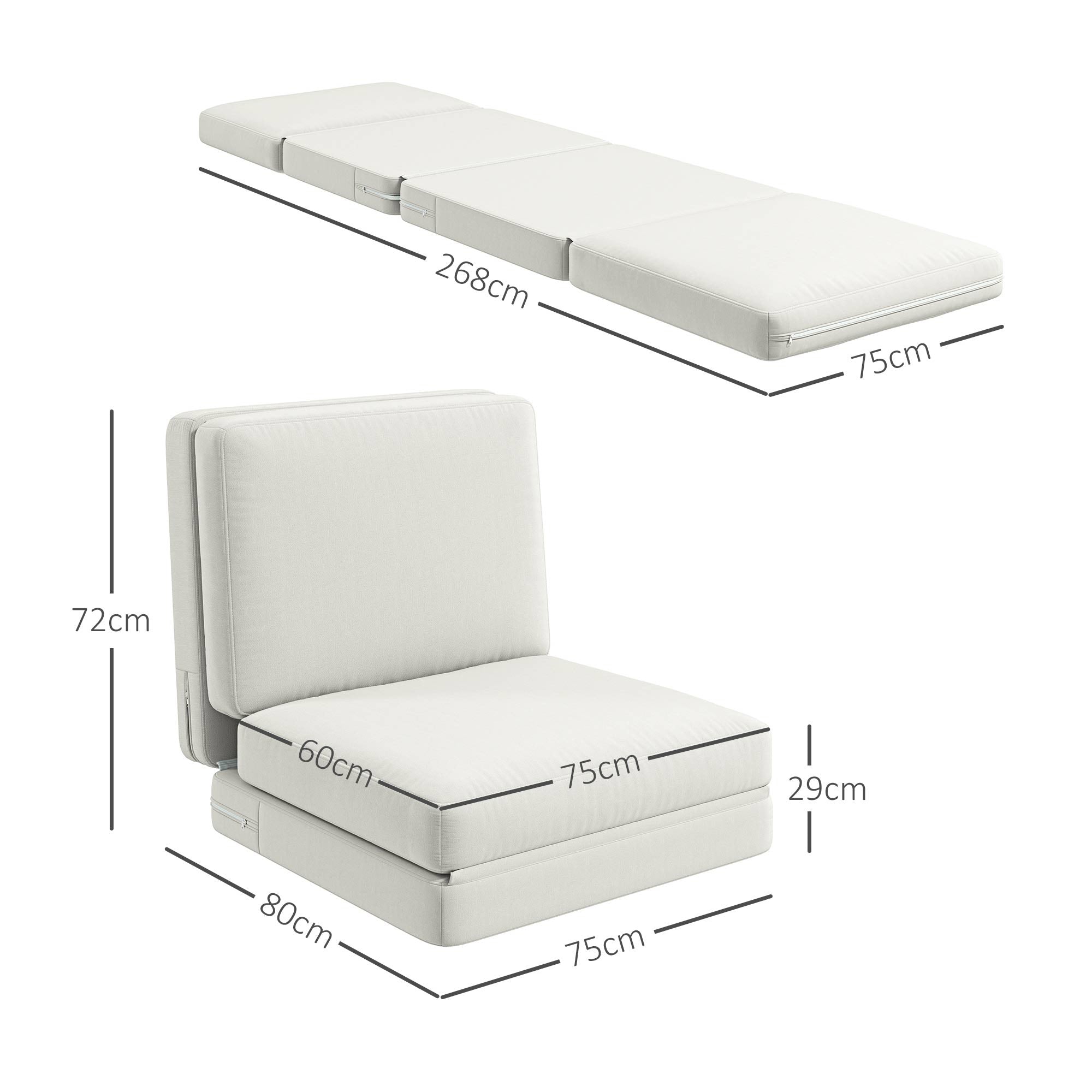 Klappbares Samt-Schlafsofa, 3-in-1, Stauraum, Cremeweiß