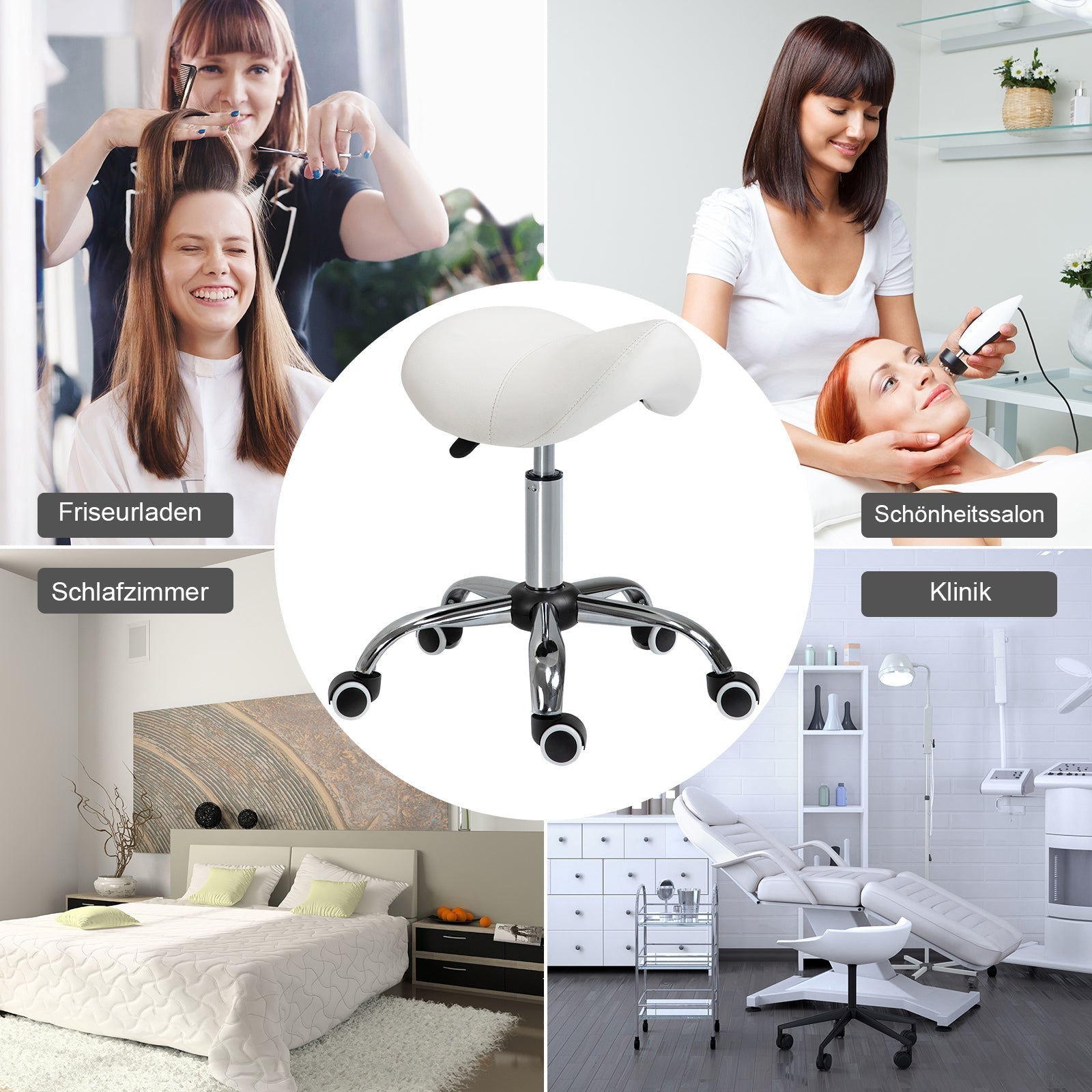 Rolling Stool Swivel Height-Adjustable Saddle, Padded White