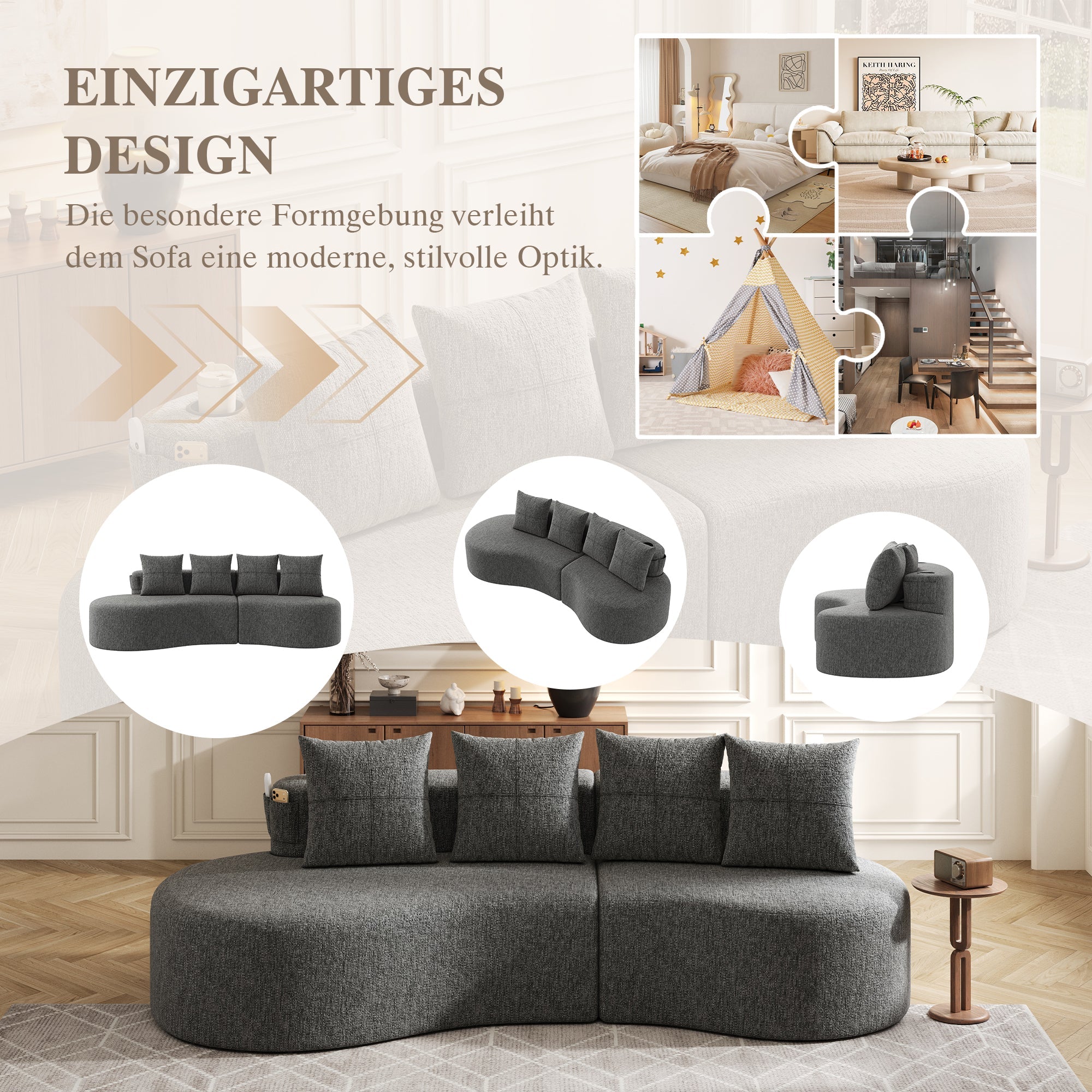 Linen Sofa with 4 Cushions, Cup Holder and Side Pocket, Dark Grey