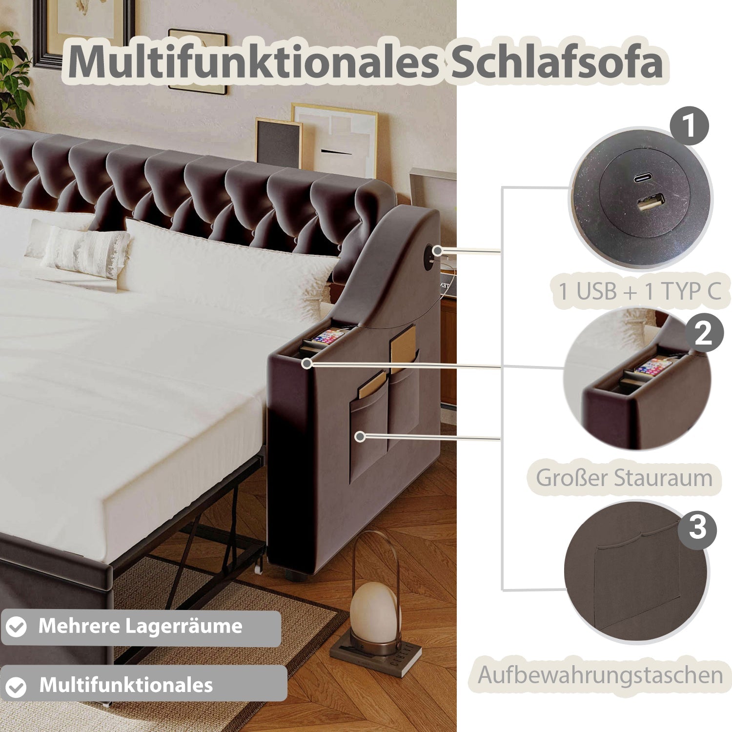 Upholstered Sofa Bed, Extendable 90/180x190cm USB Storage Slatted Base, Dark Grey Velvet