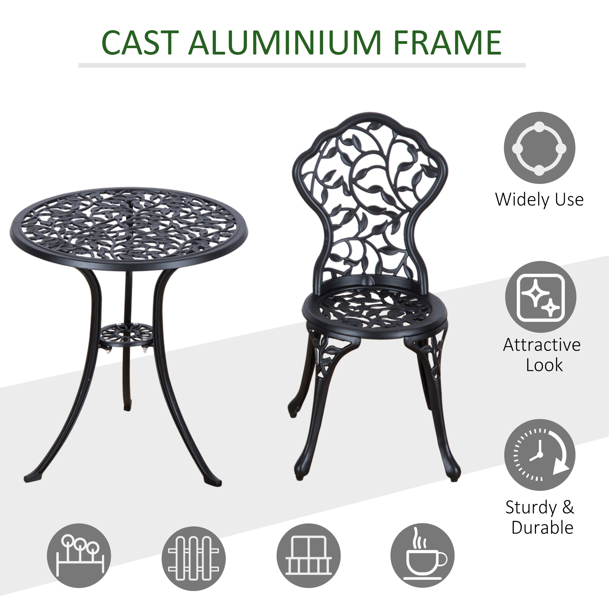 3 Pcs Bistro Set, Garden Furniture Dining Table Chairs, Aluminium Black