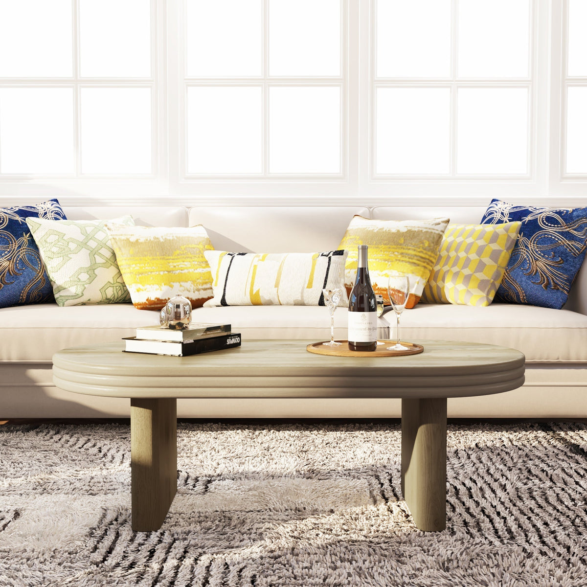Mid Century Modern Oval Fluted Coffee Table Rustic Wood 120cm - Natural