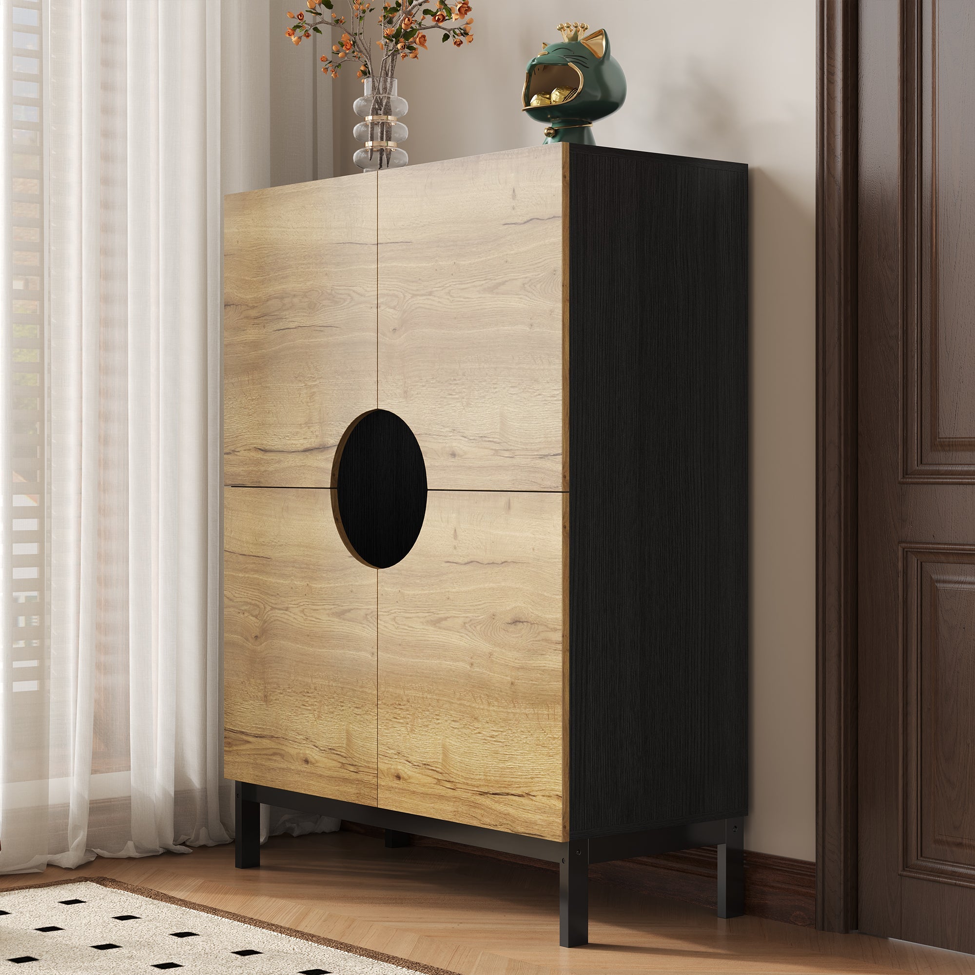 Shoe Cabinet & Display Cabinet 2-in-1, Adjustable Shelves, Solid Wood Legs, Wood Color