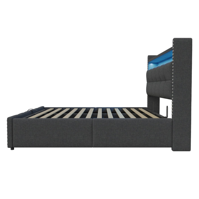 N623P306950E Upholstered Bed, Storage Headboard & USB Port, Gray Linen