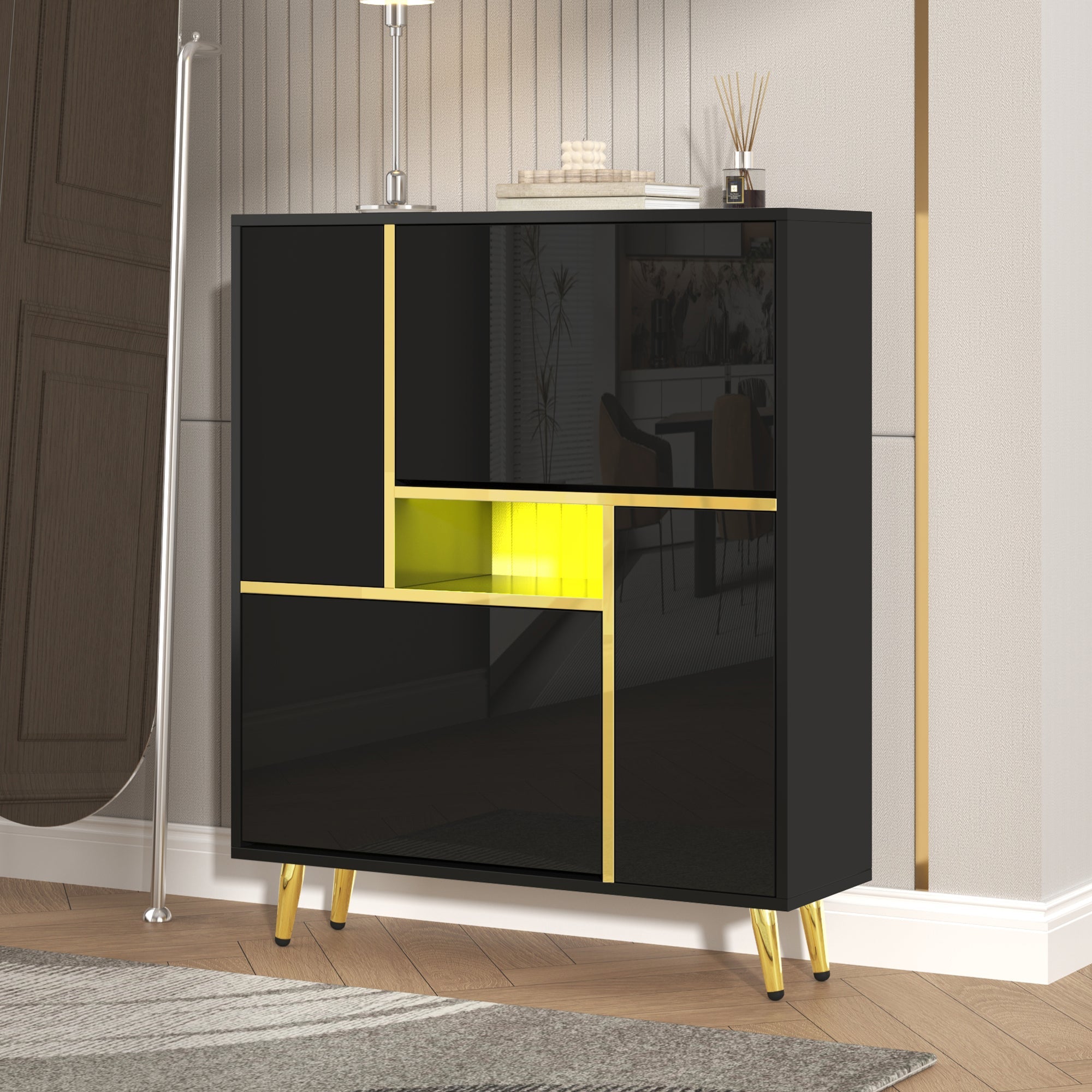Modern shoe cabinet, high-gloss front, 16-color LED light, black
