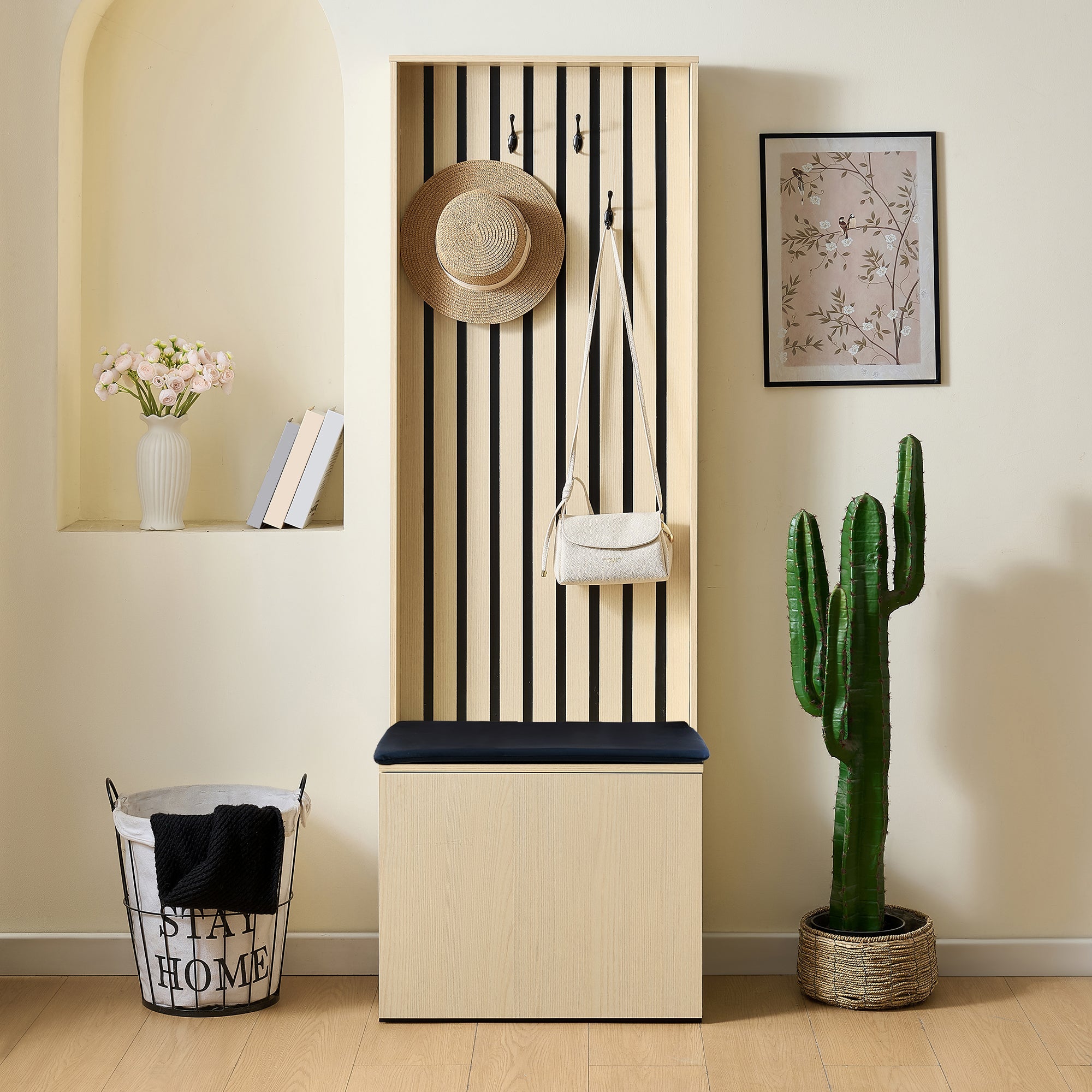 Modern Wardrobe with Bench & Shoe Storage, 4 Hooks, Wood/MDF