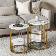 Round coffee table set of 2, side table with shelf, steel frame, white