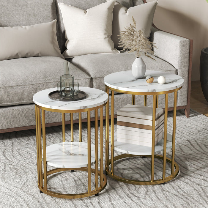 Round coffee table set of 2, side table with shelf, steel frame, white