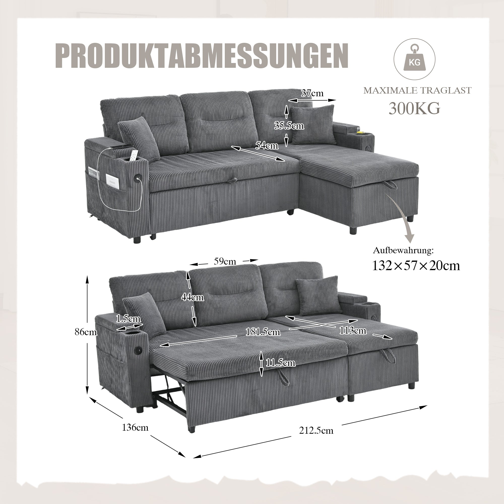 Modern 3-Seater Sofa with Storage, Cup Holders and USB-C Charging, Corduroy
