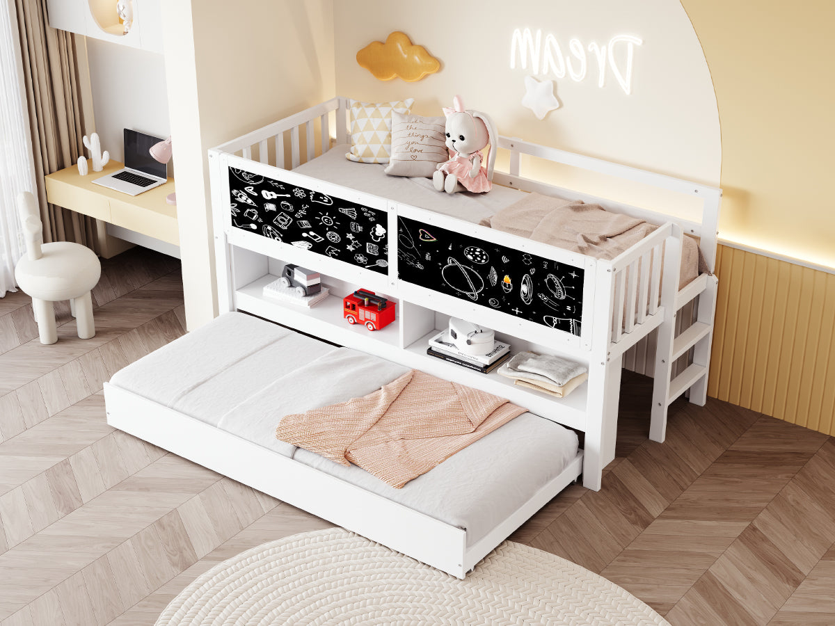 Children's House Bed 90x200 Extendable Chalkboard Storage Climbing Ladder - Solid Wood White