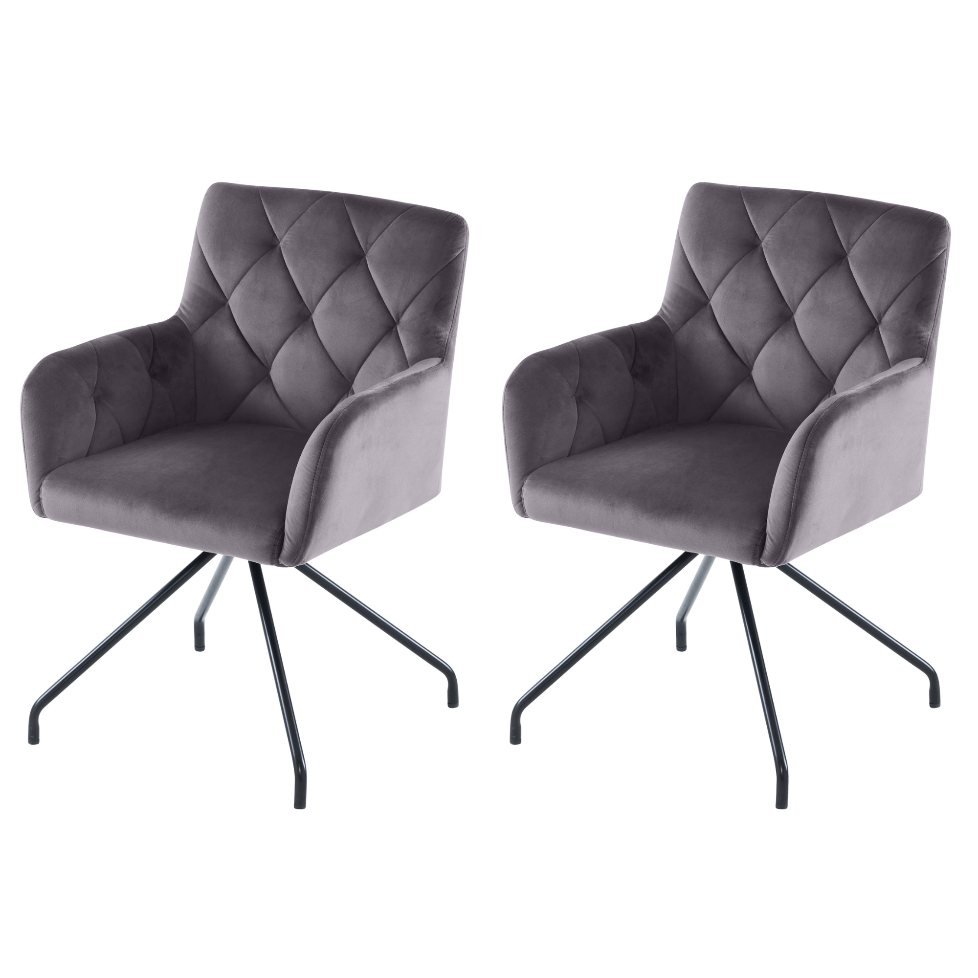 Set of 2 Dining Armchairs Upholstered Diamond Pattern Metal Legs Velvet Grey