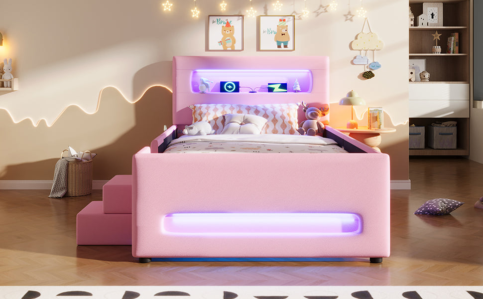 Upholstered Platform Bed 90x200cm Stairs Drawers LED USB Storage Pockets - Pink