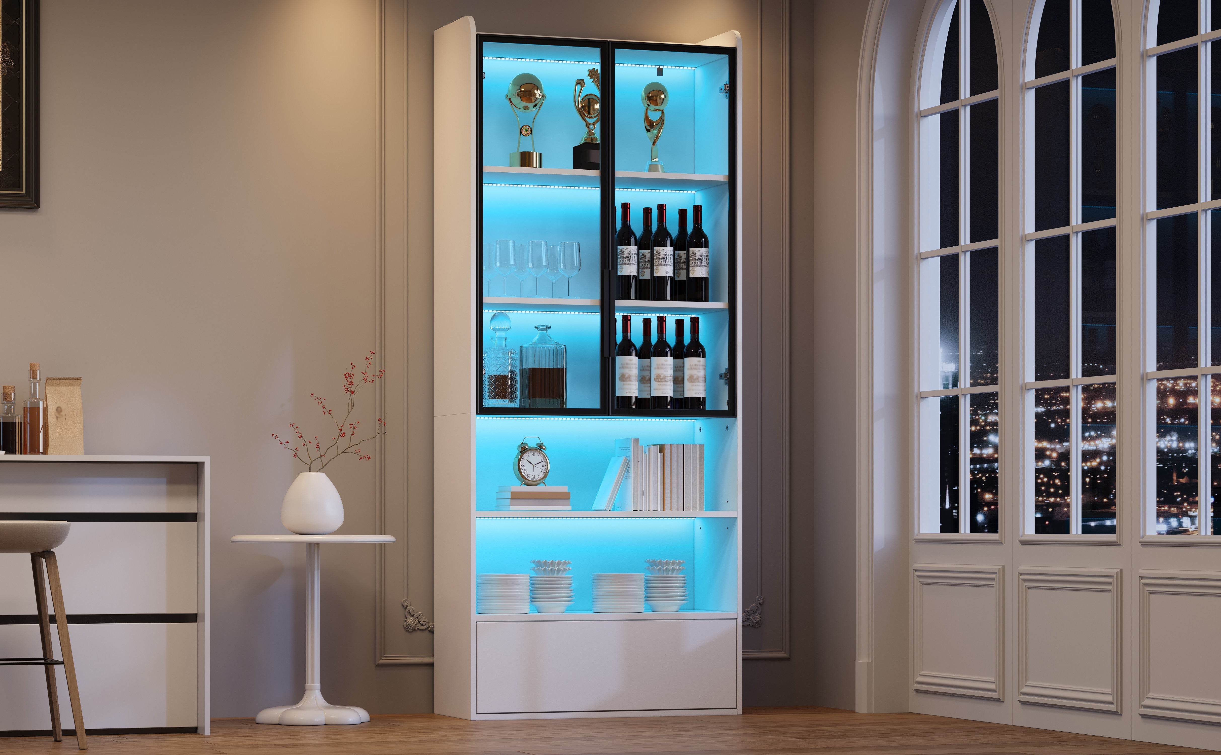 Display Cabinet 80x34x180cm Tall with 1 Drawer Glass Doors LED Lighting White