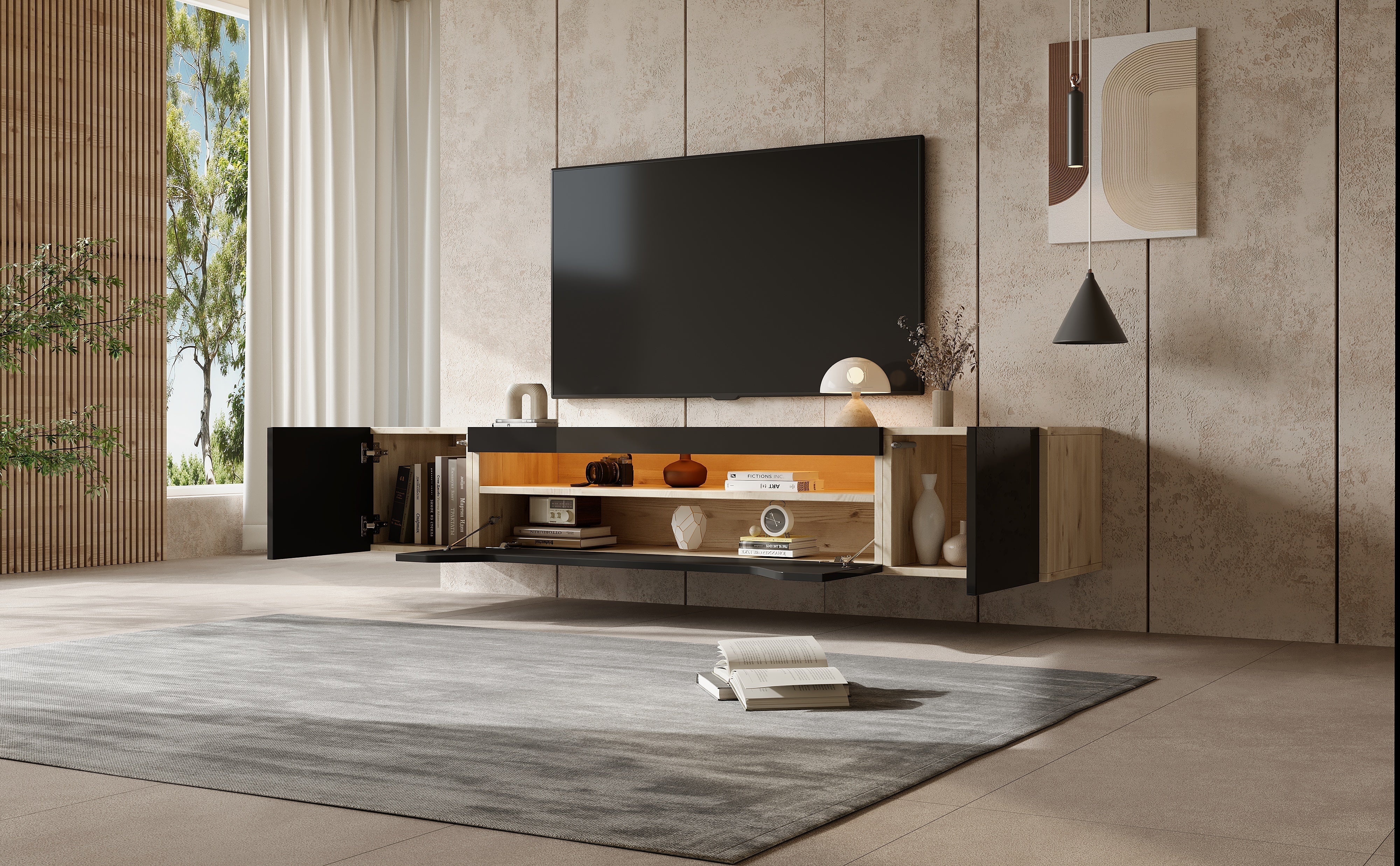 TV cabinet, 3 storage compartments, lowboard, floating wall board, LED light, wall-mountable, suitable for 75-inch TVs, black and wood color